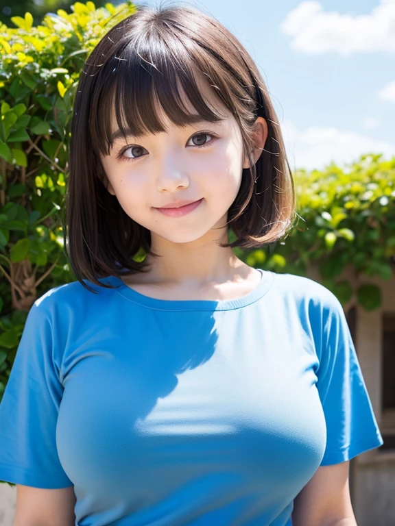 8k,(((Highest quality)))　((masterpiece)),Japanese,11-year-old girl,from the front,smile,cute,Innocent face,Innocent,Kind eyes,Childish,Plain T-shirt,Short sleeve,Blue checked short skirt,Bob,Hair blowing in the wind,Black Hair,Somewhat strong wind,noon,bright,Sitting、M-shaped feet, (Large Breasts:1.2),(Emphasize the chest:1.2)
