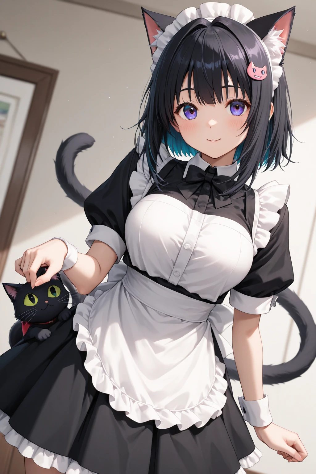  , (Cat ear:1.3) , (Maid clothes:1.3) ,  , Black Hair , 