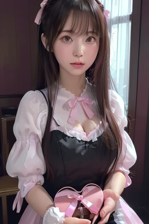Tabletop, highest quality, One Girl, (beautiful girl:1.3), (16 years old:1.2), Exceptional clarity, (Symmetrical eyes:1.3), (Maid clothes, Cute Maid:1.2), Beautiful breasts, Brown eyes, Parted bangs, Brown Hair