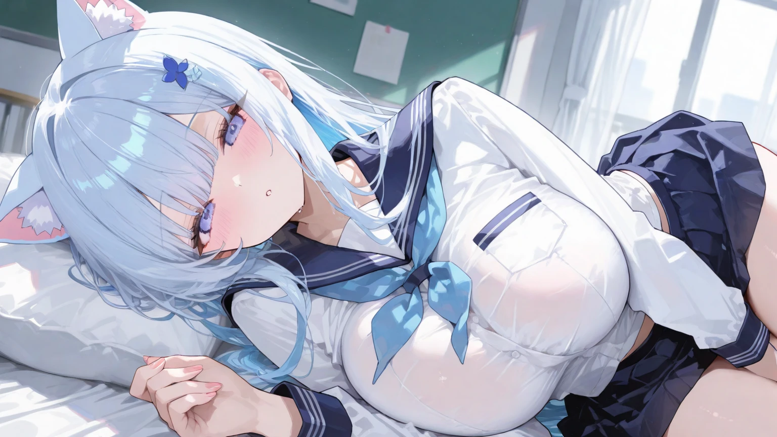 anime girl laying on a bench with her legs crossed, nightcore, anime style 4 k, smooth anime cg art, seductive anime girl, detailed digital anime art, beautiful anime girl squatting, digital anime art, photorealistic anime girl render, 4k anime wallpaper, trending on cgstation, a hyperrealistic schoolgirl, perfect white haired girl