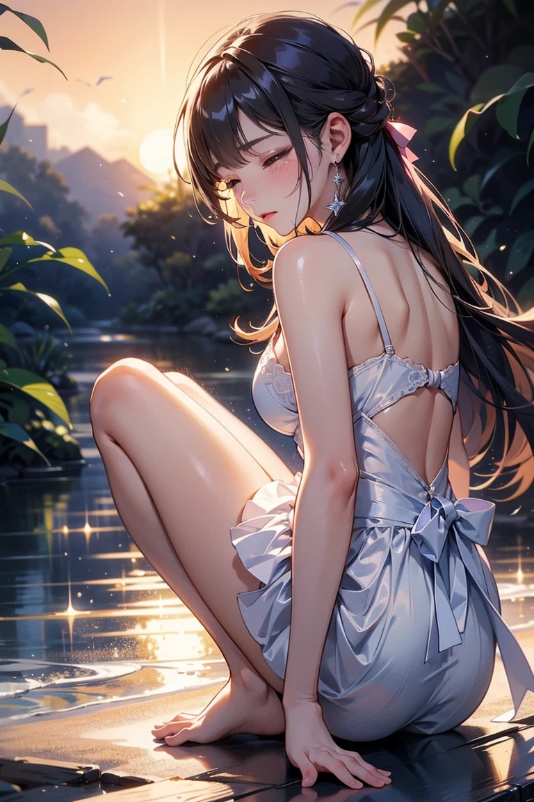 A woman relaxing in a hot spring,２０generation,Looking up at the moon、autumn leaves、Satisfied face,Put a towel over your hair,Beautiful light of inspiration,Elegant water flow,Calm atmosphere,Quiet and calm background