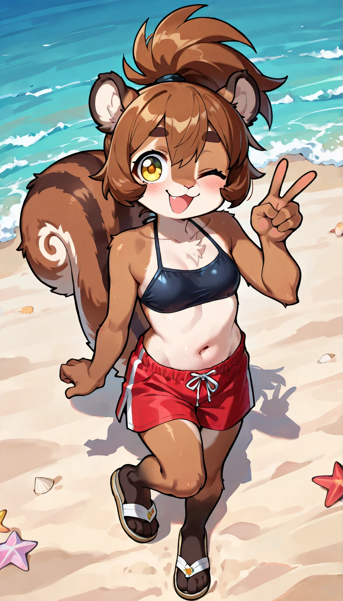 alone, score_9,score_8_up,score_7_up, anthro female leafeon, stripped bikini, beach, standing, selfie pose, pov, peace sign in one hand.