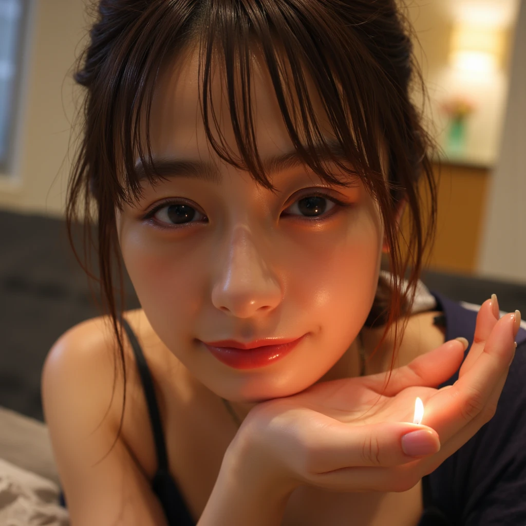 Bathrobes,(open mouth:1.5),(tongue out:2),lying,hand between legs,overhead shot,front view,face focus,(1girl,Beautiful 14 year old girl,teenager),((Slender,Small breasts,Small face,)),(looking at viewer),Black Hair,bangs,one side up,Beautiful and detailed,(Dimly lit room:1.5),White bed,pillow,Mischievous smile