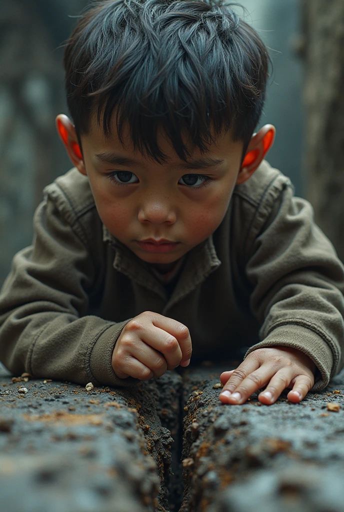 Fallen boy reaching out his hand for help
