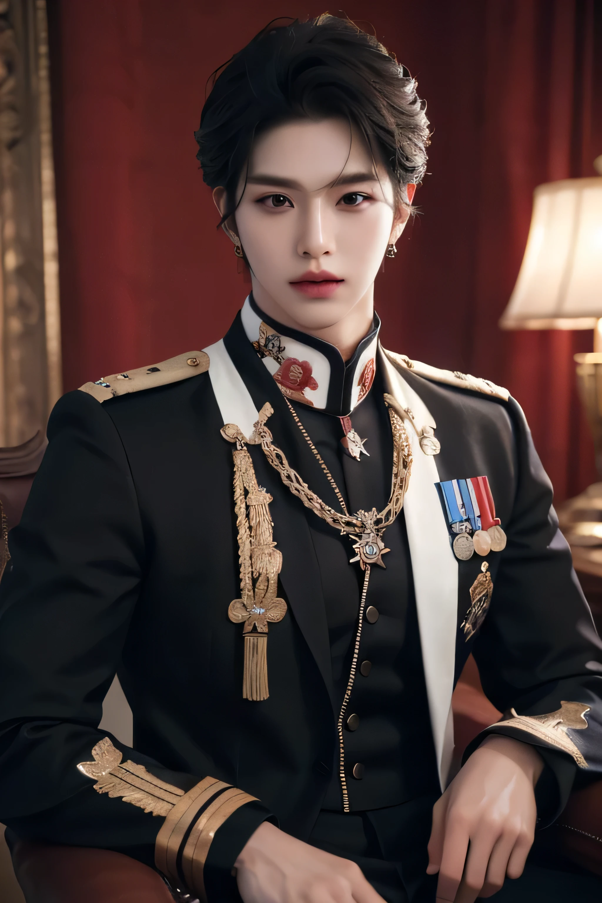 ((highest quality, 8K, masterpiece: 1.3)), ((photorealistic)), Handsome boy in k pop model outfit, ((25-year-old man)), well-groomed face, black hair color, thin face, (white skin:1.5), black eyes, Super handsome, sexy eyes, Extra-fine face, handsome nose, small eyes and face, High resolution, detailed mouth, super slim, ((super popular k pop model)), His military black outfit is tailored to perfection and detailed with fine gold embroidery. black pants with gold buckle, he's standing in a fancy ballroom with one hand in the pocket. ((military)), ((black outfit))