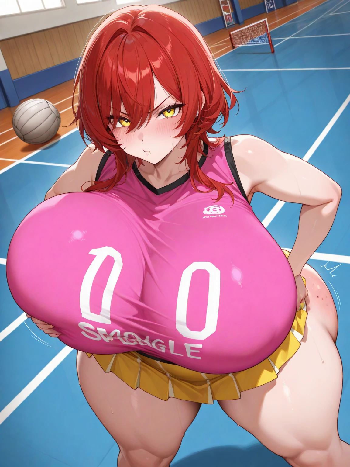 (8k、Best image quality、Highest quality、masterpiece)、Detailed face、1 person、((Cheerleader))、Pink Hair、Short pigtails、Bright Blue Eyes、Wicked Smile、((Grinning bashfully))、Very large 、slightly plump figure、((Navy blue top with latex frills))、((A top with pink writing on the chest area))、Shiny、Background of the club room、((Very wet))、((Spread your legs wide)),((squat))、blush、Slightly hard nipples、