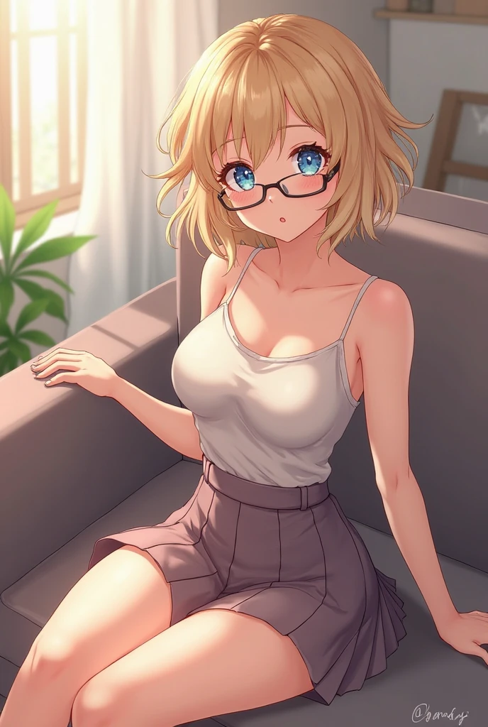 Blonde girl with short hair wearing sexy glasses and a dress (Same as the suggested image)