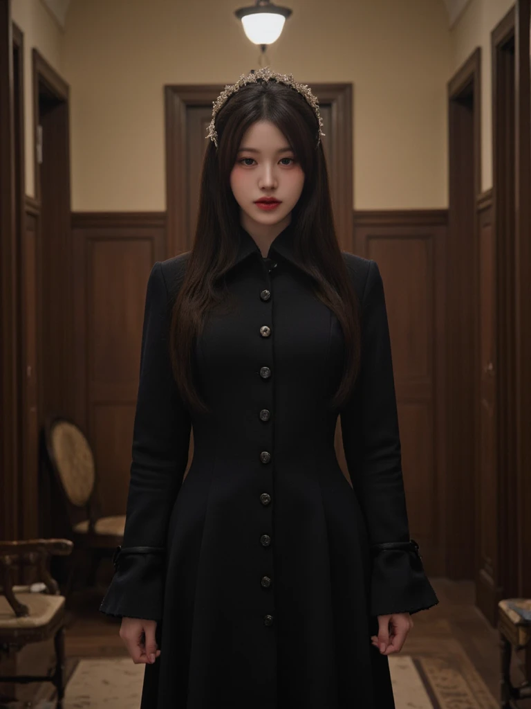 (Shoot the subject from below,angle from below,),less exposed,high neck,Glass Door,witchかもしれない彼女,(Old house in the forest,lots of cloth,Suspicious location,Many strange paintings are on display.,),(intricate costumes、Delicate costumes、black costume,incredibly beautiful costumes、Lots of ornaments、black spirit、Demon King、witch,devil、sad、Lost a loved one,),cinematic pictures,faded texture,light colored lipstick,dark shadow、a ray of light、Natural light、highest quality,highest quality,tattered head、 asymmetrical bangs,High resolution, high detail, detailed hairstyle, detailed face,dark lighting、 great cinematic lighting, octane rendering, 超realistic, perfect limbs, perfect anatomy、(8K、Raw photo、best image quality、超High resolution、masterpiece:1.37)、(realistic、Photoreal:1.37),
