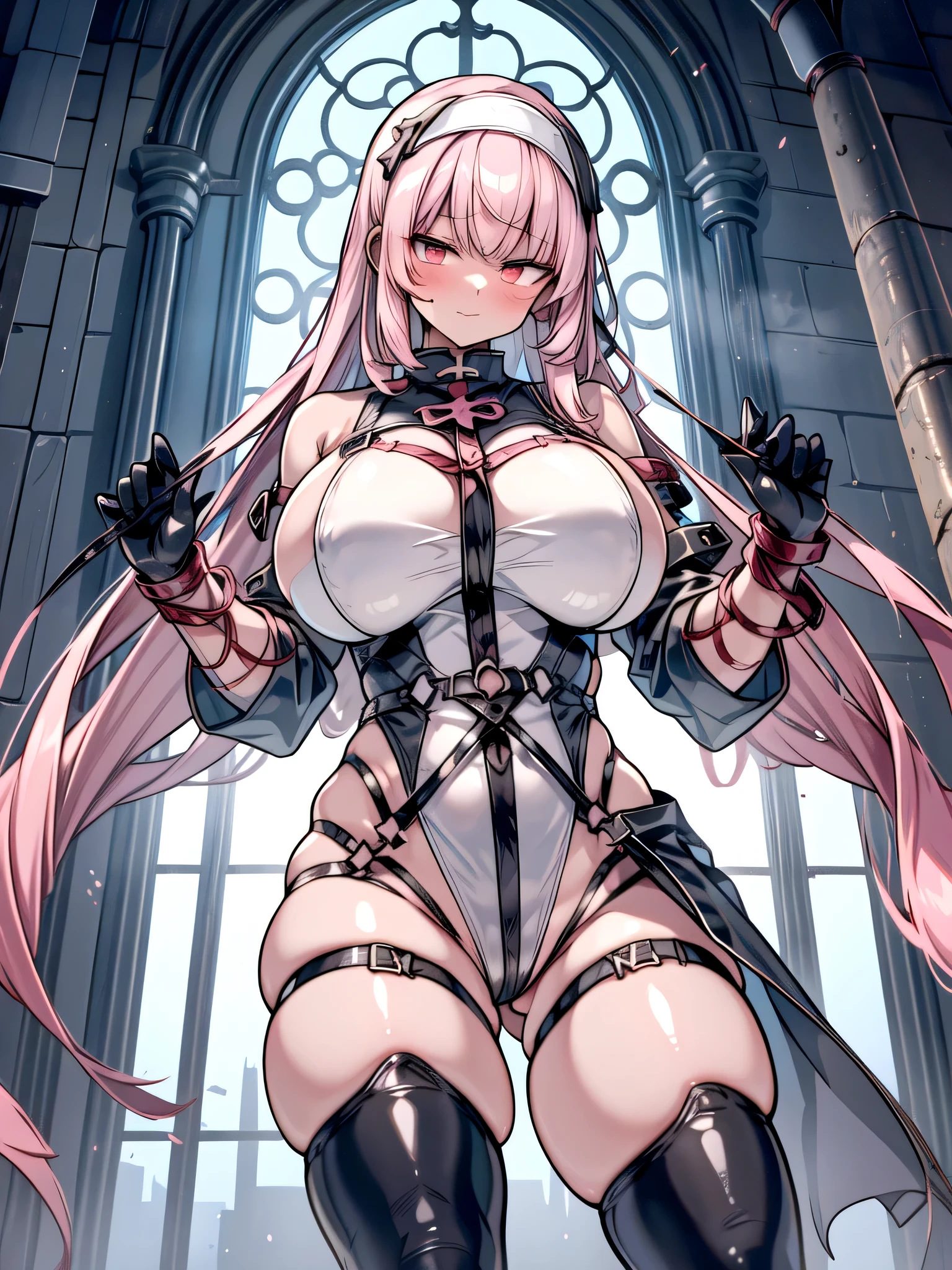 The prompt is: voluptuous, long blond hair, thick thighs, 8K, 4K, best quality, high resolution:1.2), cute anime face, noise reduction, sparkling blue eyes, cheerful smile , open your mouth and laugh ,rounded, wearing a headband, naked, barefoot, toned abs, muscular arms, muscular legs, in a bedroom, (((exposed nipples))). , young face, anime chic eyes, at church, white body suit, white rubber suit,nun,White pantie, ruanyi0109,bdsm,chain,nun,o-ring,see-through,veil,White panties,elbow gloves,dominatrix,collar,cuffs ,thigh strap,thigh boots, (((dildo sex)))
Please note that the prompt should be in English and should not include any explanations or sentences.