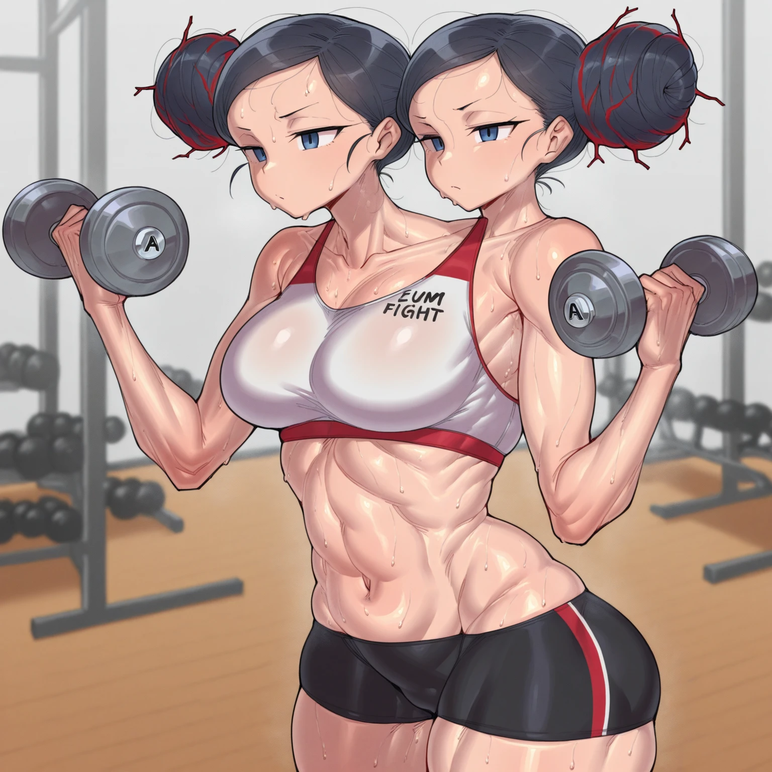 (Sweat, White skin:1.5、Light gray sports bra, ), cameltoe, Fitness, , ((ブラにSweat染み:1.5, Sweatで濡れている, Sweat染み, stain on grey sports bra:1.5)),Big Breasts, Sturdy body、Spread your legs