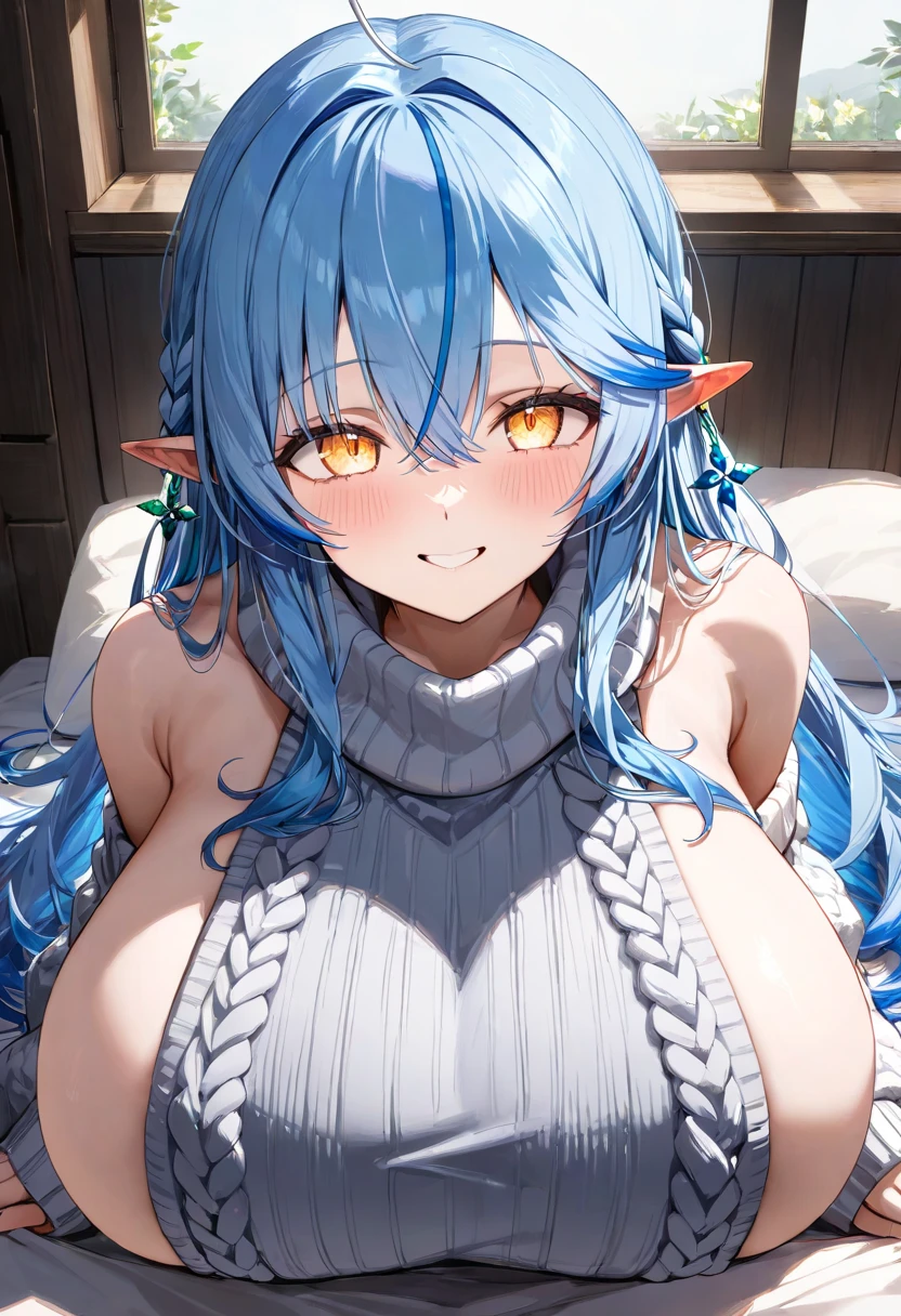 (1girl:1.2) , visão frontal, (do busto pra cima:1.2), an elf girl with her mouth open, (ultra realista:1.2) , (anime style:1.2), foco total na sua face, (tongue out:1.3), , (light skin:1.1) , (elf ears:1.2) , extremamente detalhado, vista de perto, (in bedroom:1.2), highres, (face zoom:1.1), plump, (blue hair:1.3). (view from above:1.3). Very deitaled face, (open mouth:1.6) , (hair covering left eye:1.6), no quarto, close up , (wavy hair:1.2), (yellow eye:1.5), (alta qualidade:1.2) (sitting:1.3), centralizada , orelhas perfeitas, perfect ears, (red bed:1.3), (de frente para câmera :1.3), (beauty eyes:1.2). (Full naked:1.5), (naked:1.2)