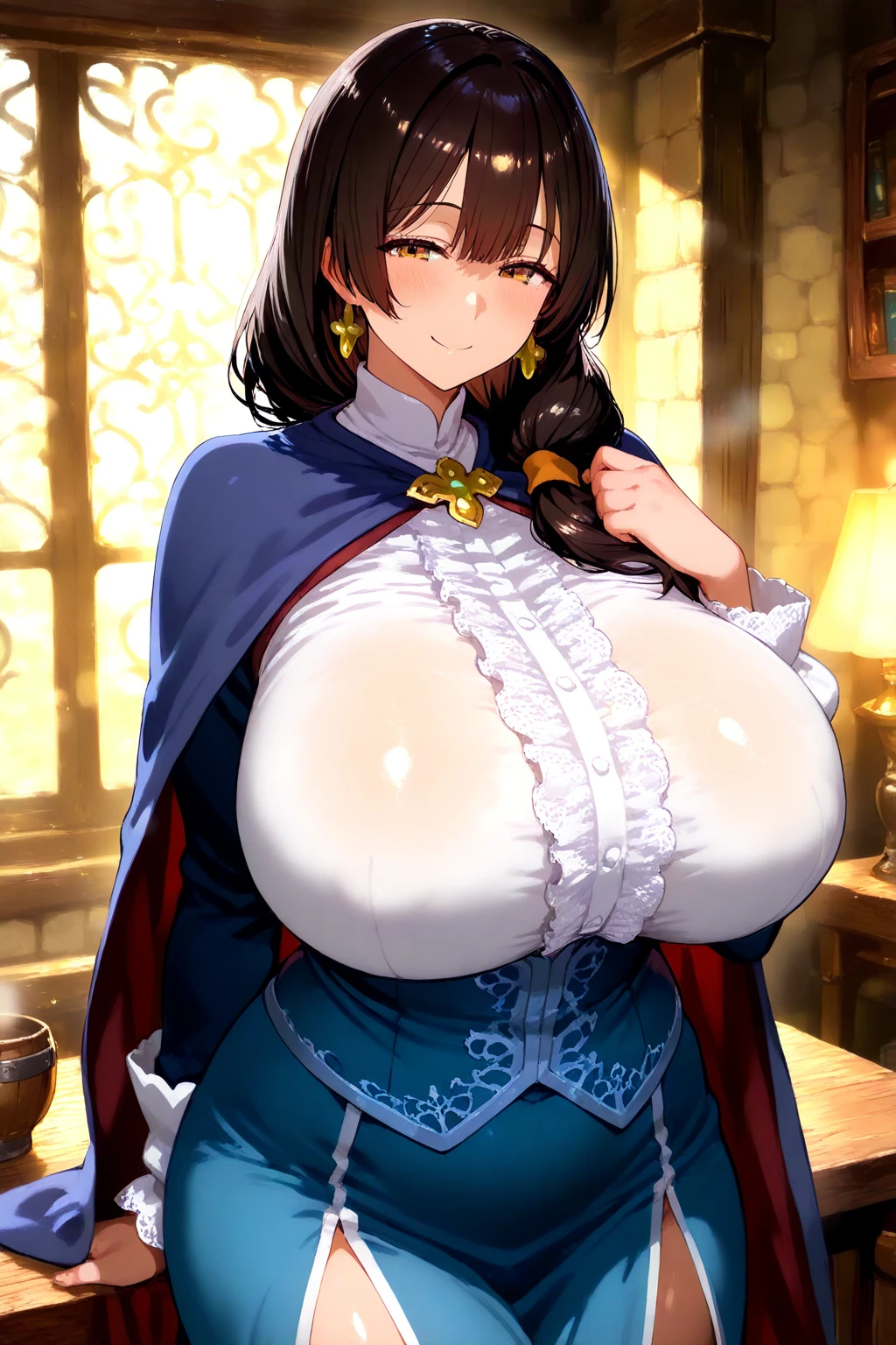 ((Highest quality)),(8K),((Anime illustration)) ,【One Girl,One boy(men and women)】,Red moonlit night、sitting on the couch in the club,Beautiful night view, ((Browsing Caution)),((Black-haired Cleopatra)),(Red glowing eyes),(Good elevator),Beautiful black lingerie,(Wearing a blue cloak),(Mini tight skirt),((Gorgeous big breasts shining)),((Showing nipples)),Lace Top Stockings,Knee-high boots,garter belt,Long satin gloves,(Laughing with your fingers),Crossing your legs,Condescending look,Provocative pose,Sexy Body
((Her body is covered in lotion and milky fluid.))