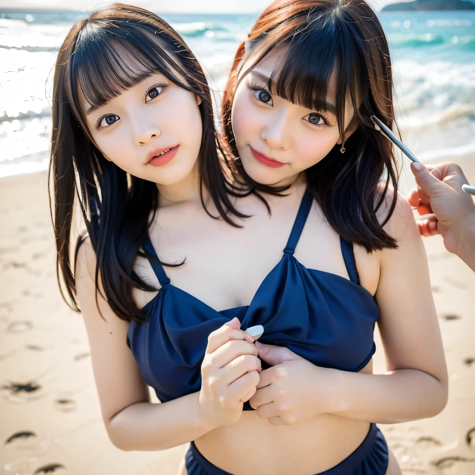 (best quality),(high_quality),masterpiece,4k,8k,raw photo,(a professional of japanese girl with pretty eyes ),bikini, cute smile girl, crawling on all fours, beach