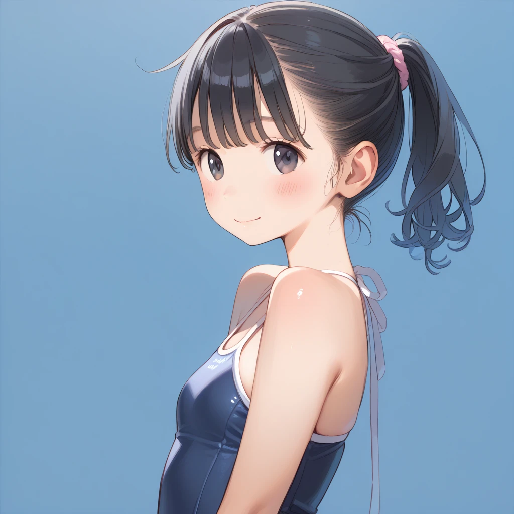 Highest quality, masterpiece, Ultra-high resolution, (Realistic:1.4), RAW Photos, Intricate details, Big beautiful eyes, Perfect contours, masterpiece, One Girl, ((Middle school students)), Braided Bob, The chest is large, Competitive swimmer, (one piece, turtleneck,Sleeveless swimsuit), Clear metallic blue swimsuit, 　tight high leg swimsuit, ((back view:1.3, looking over shoulder:1.3, shoot from below:1.4)), Portraiture, View your viewers, Outdoor swimming pool, Partially submerged, Wet Skin, smile, (Underarm)