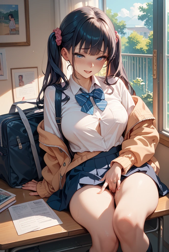 the feet(open legs:1.5)、half ???????、open mouth、presenting、bitch、sex、 (light blue plaid-pattern pleated-skirt:1.3), ((necklace, colorful bracelet, X hair ornament):1.2),
ultra-detailed、(8k, RAW photo, best quality, masterpiece:1.2), (extremely detailed 8k wallpaper),illustration、professional lighting,sharp focus, depth of field、
nsfw、clear eyes、perfect anatomia、girl with、15yo student、Black Gal(dark-skinned:1.2)、full-face blush, embarrassed、Plump thighs、huge tit、(Fully exposed nipples:1.2)、Lift skirt、Blue eyes、a blond、(makeup:1.1)、(Loose socks below the knee:1.2)、Classroom、(white panty:1.5)、、