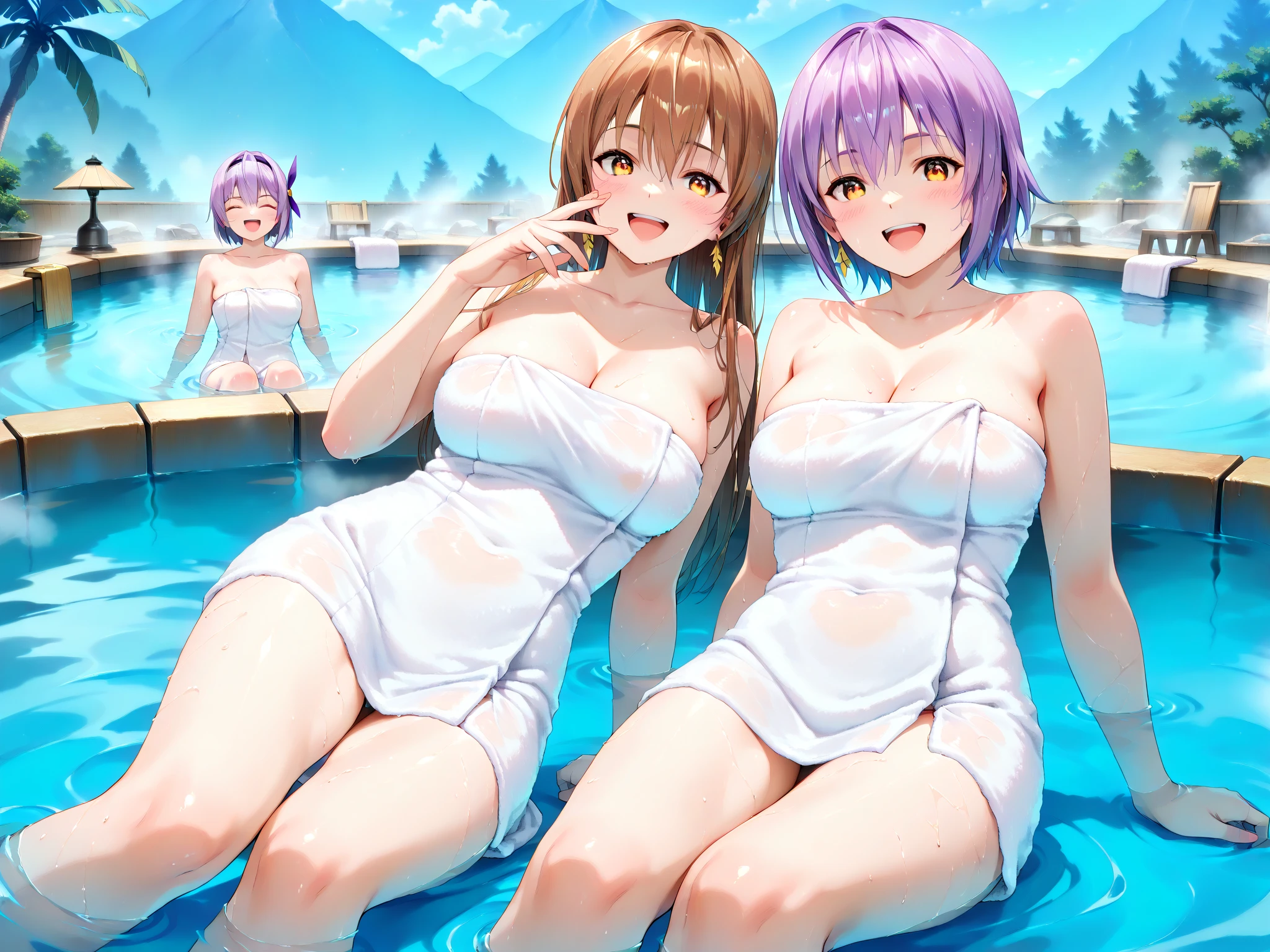 absurdres, highres, ultra detailed, extremely detailed CG unity 8k wallpaper, realistic, photo-realistic, RAW photo, beautiful detailed face, pale skin, realistic glistening skin, detailed cloth texture, detailed hair texture,
BREAK
cover your chest with your hands,
BREAK
Two womans, (28 year old females), nude, (huge breasts:1.5), huge hips ((pressing breasts)), together submerged in onsen at night looking at viewer from side, (breast press:1.3),