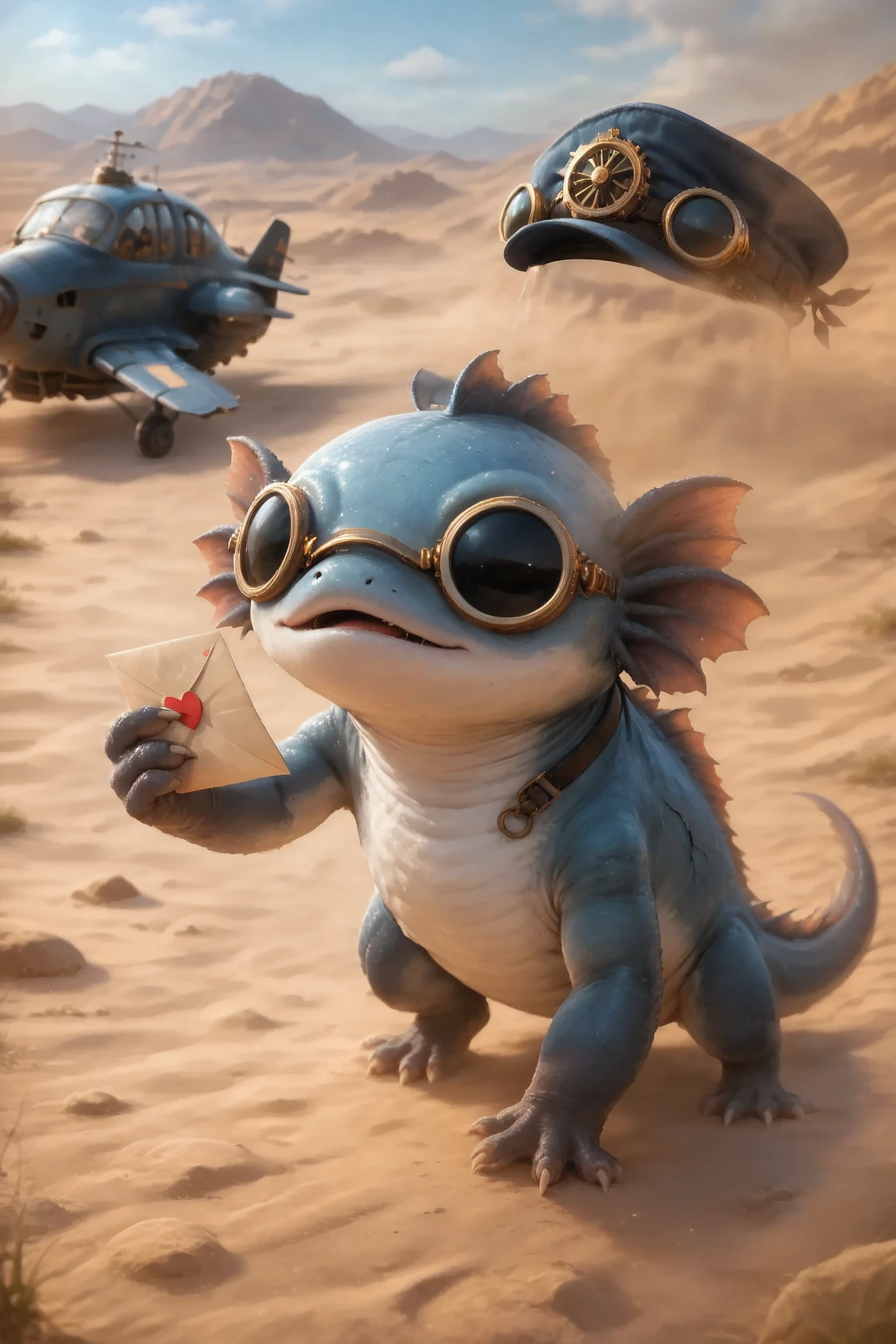 Axolotl makes his way across the harsh desert sands, covering himself from the sand with his foot and holding a letter in his paw. In the background, you can see in the air in a fit of a sandstorm the postman's blue cap. In the background, you can see where a small steampunk plane. The postman's blue hat flew off, picked up by the wind . The creature has a blue postman cap on its head and Steampunk Aviator Glasses. Cute creature on 4 legs Character_Fuli, The light falls, illuminating the dust in the room and giving long soft shadows. , steampunk aviator glasses on his head.
masterpiece, best quality, ultra-detailed, A cinematic emotional static frame, 8K UHD, extreme detail, physical-based rendering, HDR.
Unrealistic image, fantasy genre, dramatic lighting. Highly detailed digital art style, (SFW:1.3).
