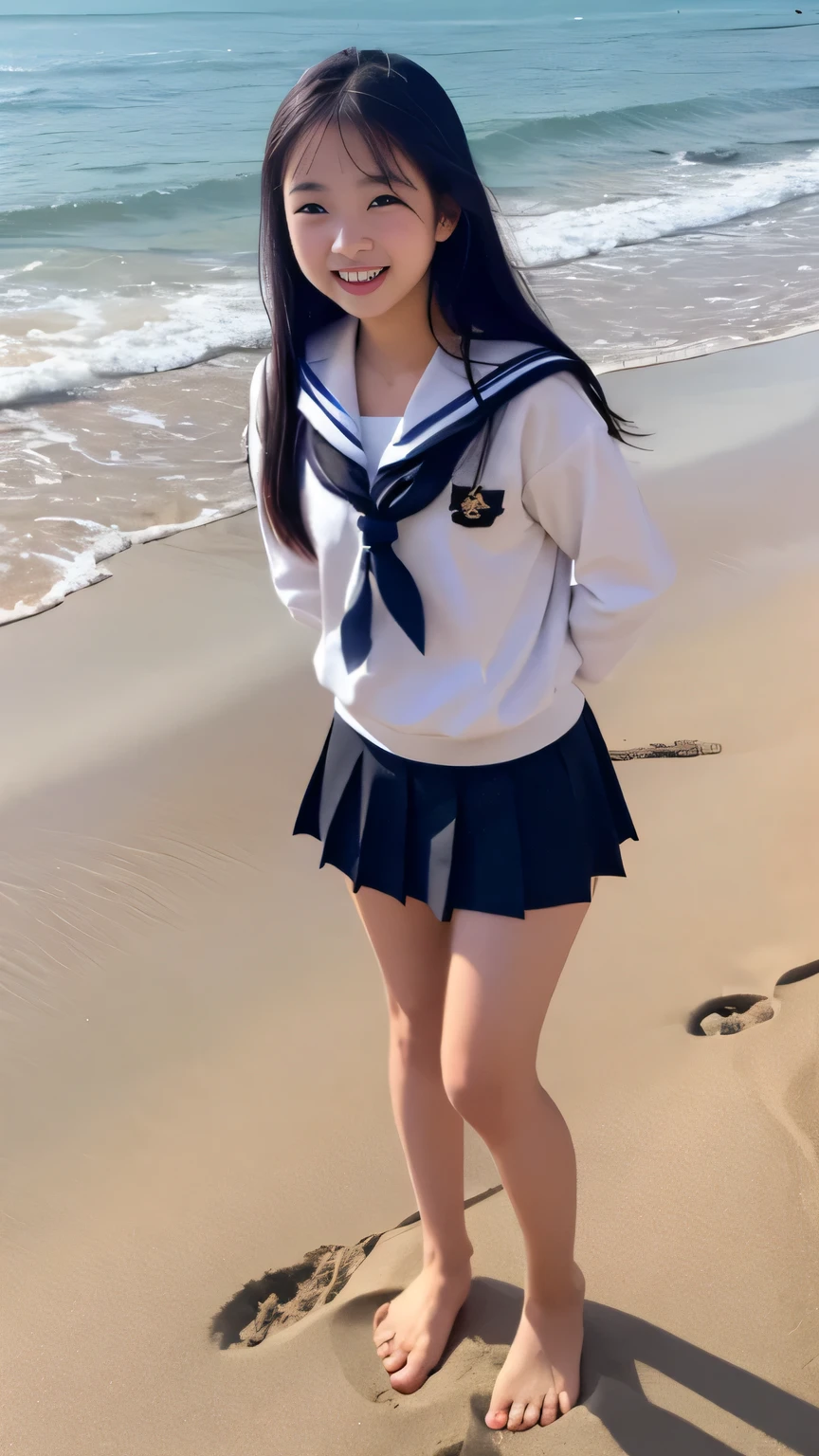 (1 Korean star with royal sister style), ((Best quality, 8K, 巨作: 1.3)), focal point: 1.2, Perfect body proportions: 1.4, (Make a smile), (Ray traching),Watery eyes, Highly Detailed Face and Skin Textur, Fine eyes, Double eyelids, Whitens the skin, (long whitr hair, Colored air bangs: 1.3), (face round: 1.5), (JK school uniform: 1.4), (standing on the sea side,Full body photo: 1.6),(Blue JK style:1.4),(Colorful background) The photo is fresh,The background is clear,High-top canvas shoes