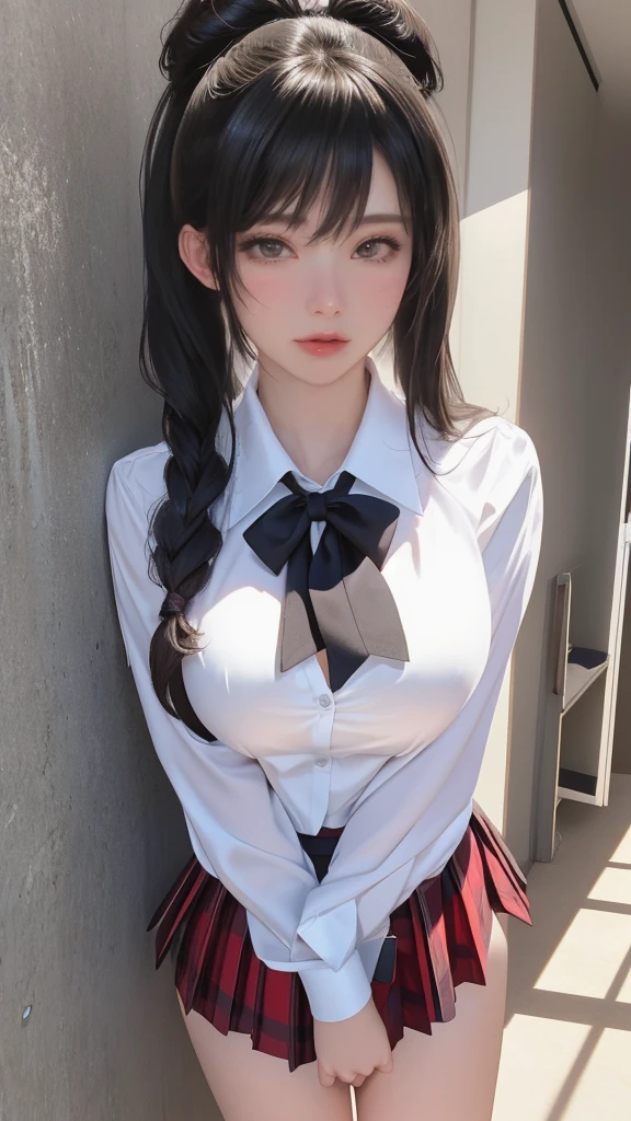 Lora realistis white shirt, black skirt, bow tie, purple hair, red cheeks