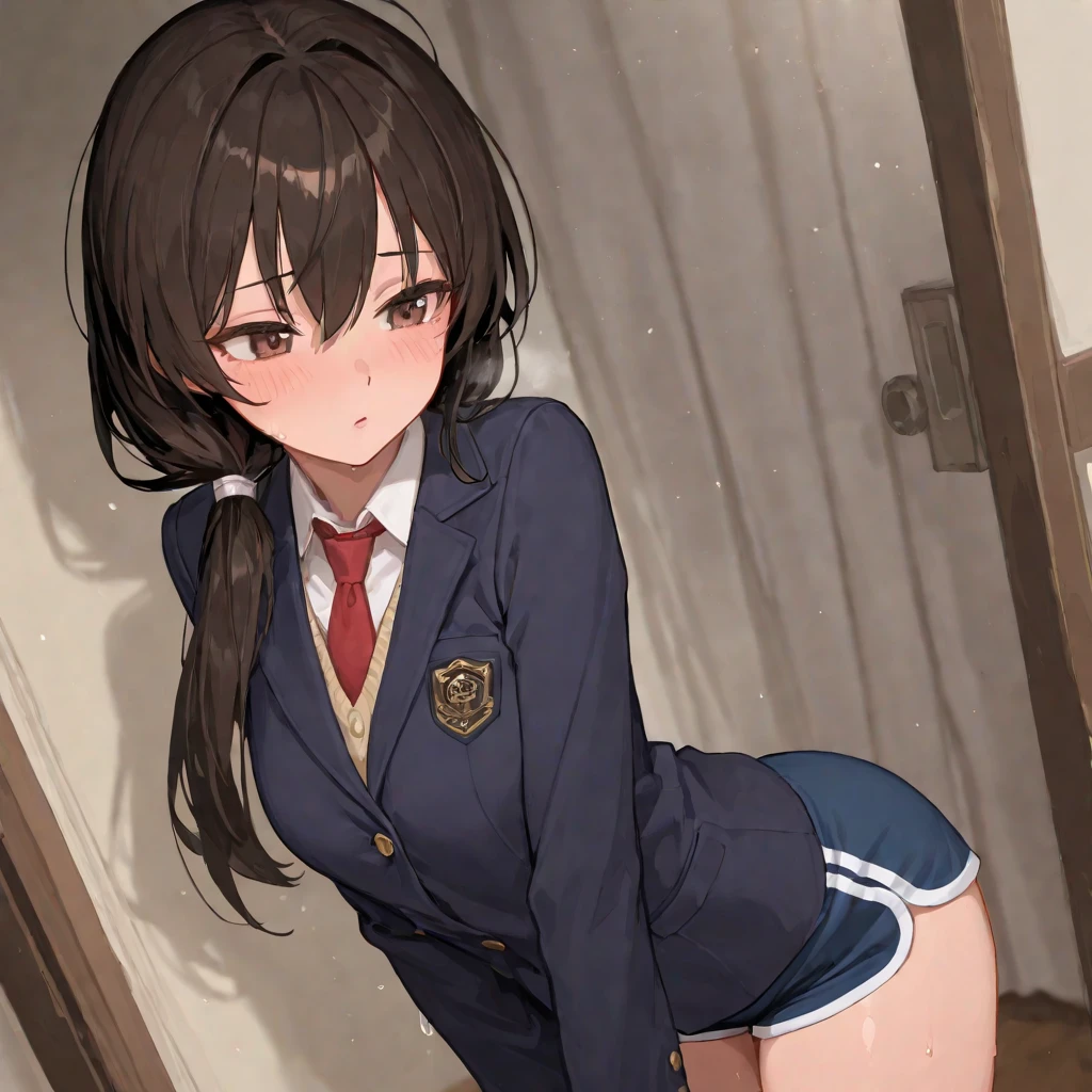Highest quality, masterpiece, High resolution, alone, {full moon_Fleet Collection:1.15}, Long Hair, Brown Hair, Glasses, brown_eye, red-framed_Glasses, semi-rimless_Glasses, Crescent Moon, black_Seraphim, blush, Under Rim_Glasses, One girl, Closed_eye, Open_mouth, School_uniform, (indoor, office, living room), , blackスカート, smile, (Petite),((nsfw)), Flat Chest