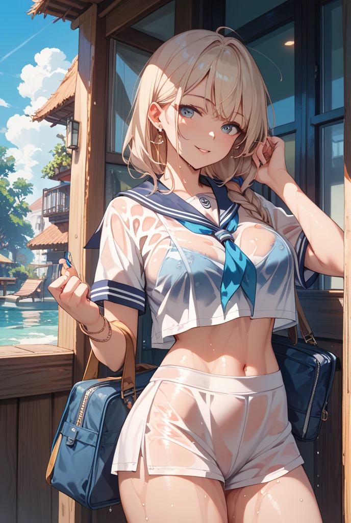 (masterpiece:1.3, best quality, Ultra-high resolution, Very detailed), (Practical, photoPractical:1.4), Fine quality illustrations, Perfect lighting, Natural light, rich and colorful, Cute and symmetrical face, Glowing skin, (Blonde), Hair between the eyes, blue eyes, (Large Breasts, seductive thigh, Big Ass), (beautiful scenery),(Charming smile,), (Uniforms)