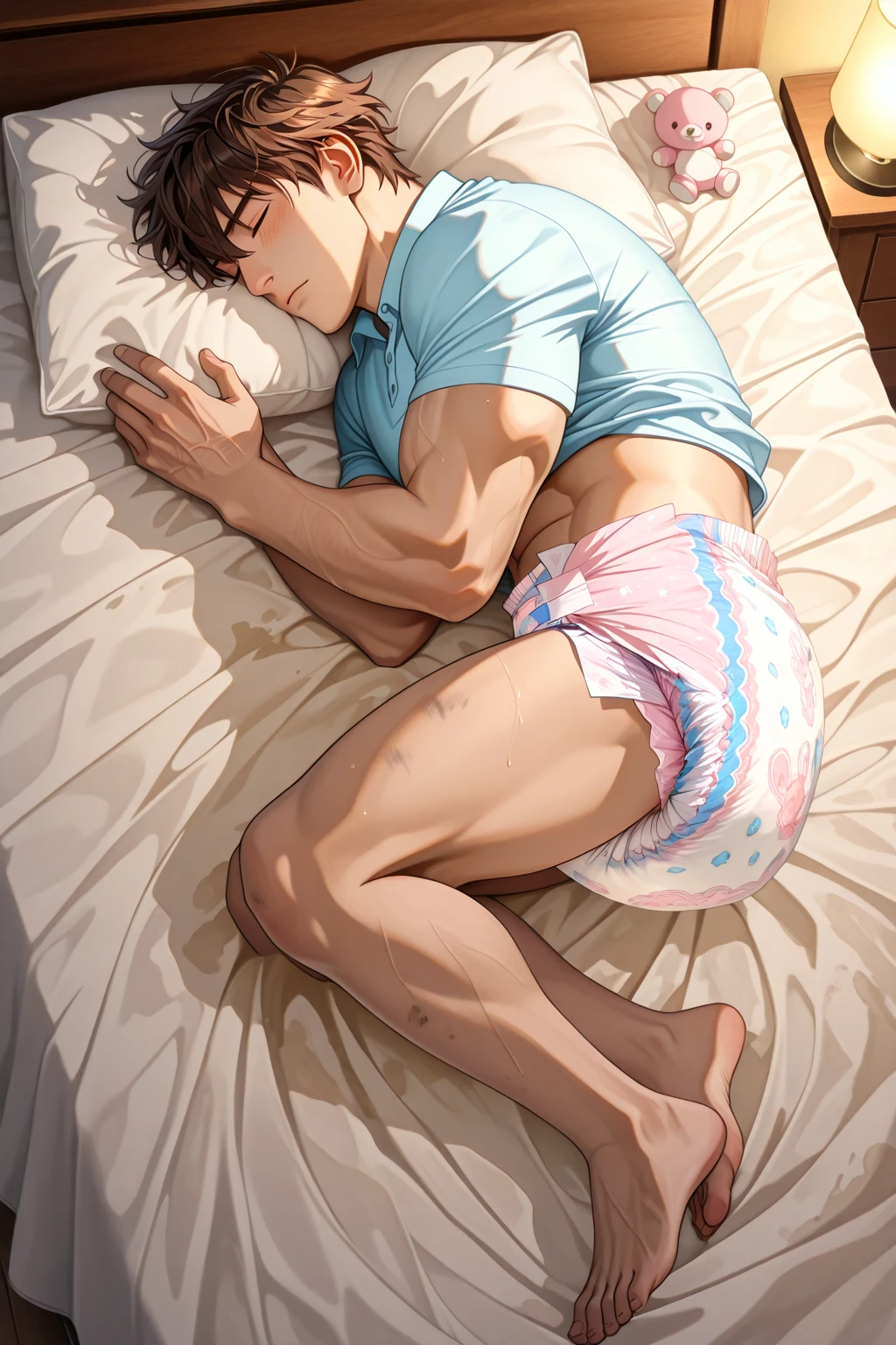 Anime boy showing his feet soles laying down in wet very sweaty white addias socks