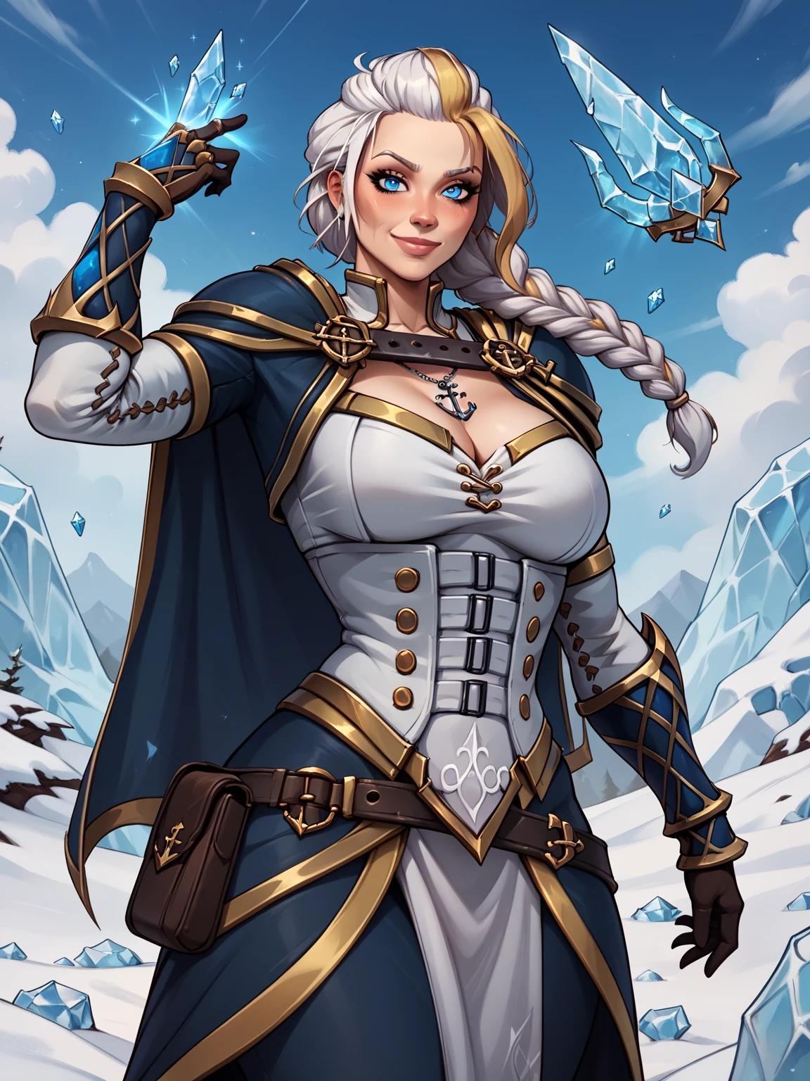 masterpiece, best quality, 1girl, solo, standing, jainapost, multicolored hair, white hair, (single braid:1.1), chest strap, cleavage, armor, corset, blue cape, gauntlets, bracer, greaves, long sleeves, parted lips, hand on hip, dark, huge breasts, bursting breasts, magic, spell, crystal, frost, ice, blizzard,,,,,