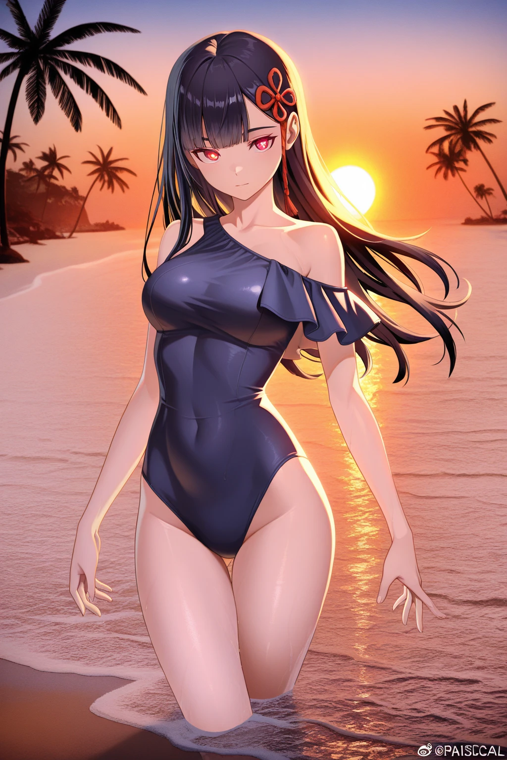 （（（masterpiece、Highest image quality、highest quality、highly detailed unity 8ｋwallpaper）））、（（Illustration of one girl））、（（（beautiful girl）））、（（black hair、Very Longhair、straight、golden hair ornament、red eyes））、（（（sanpaku：1.4）））、（tall、stocky build：1.3, thickset physique：1.3, muscular legs, broad shoulders, solid chest,Armpit Hair：1.4、hairy armpits）、swimsuit、sandy beach