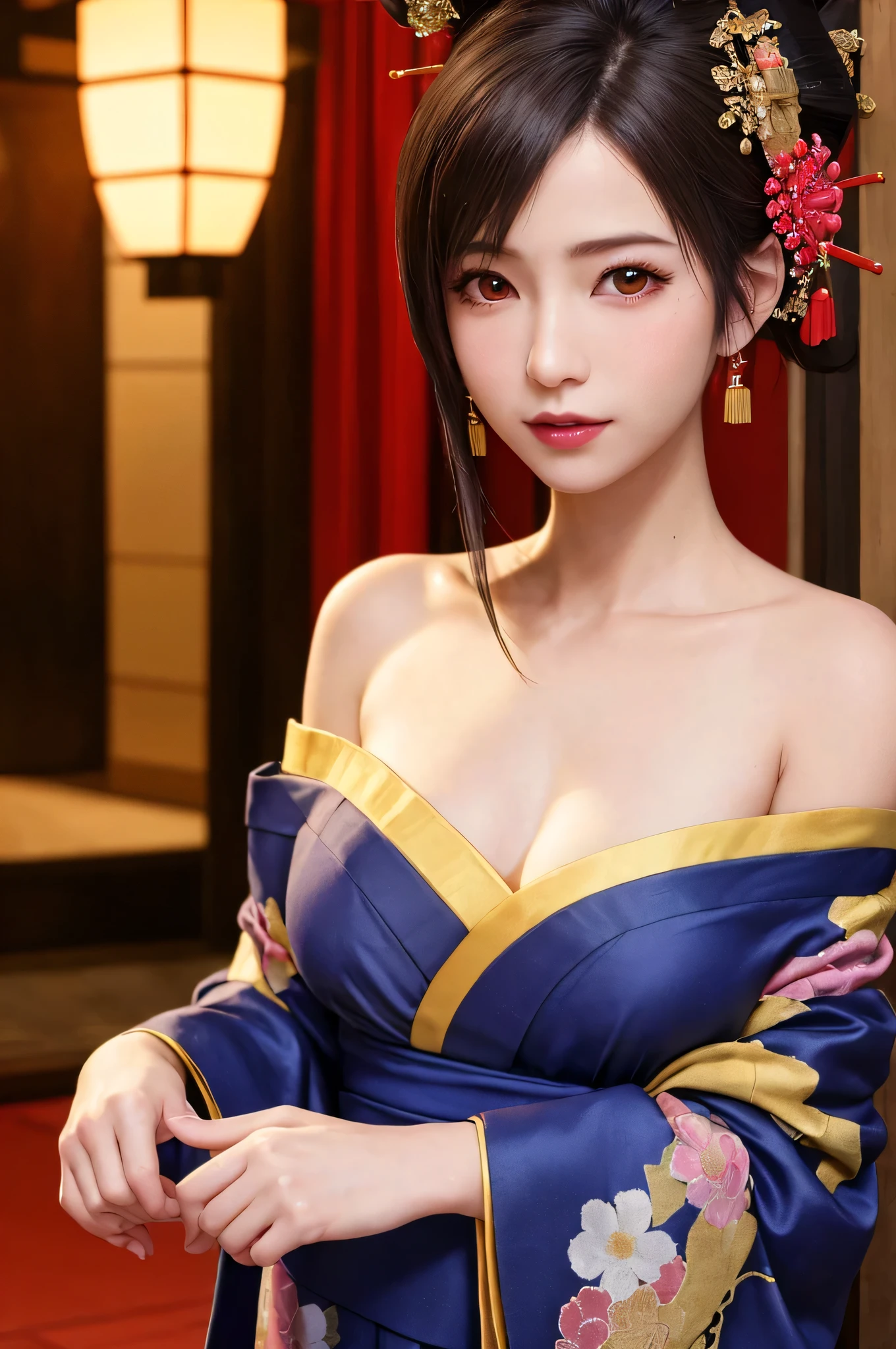 (8k, RAW Photos, of the highest quality, Masterpieces:1.2、Raw photo)、Portraits, high resolution RAW color photos, Professional Photos、Super Resolution, 8k, (Realistic, Real Photos: 1.3), 1 persons、super detailed, highly detailed and beautiful, Highly detailed, Amazing details、Cute beautiful woman with perfect body:1.4、Slim big:1.2、Full body image, Amazing details、Cute beautiful woman with perfect body:1.4、Slim big:1.2、shinny skin、Glossy lips、High-definition face and skin texture、A detailed eye、double eyelid、Highly detailedな、((The skin is shiny:1.2))、((Dark gray hair color、Ahair、Curled Hair)), ((Breast H Cup:1.2, very large breast:1.2、Too large breasts:1.2、Bursting breasts:1.2))、((((ample breasts:1.4))))、((((The skin is shiny:1.4))))、(Beautiful abs)、(High Definition Breast、happy facial expression), ((married woman:1.2))、((Big necklace、large earring))、((Off-the-shoulder kimono、Blue and black kimono)), (((Kimono with frills:1.1)))、((embroideries:1.2))、((full body Esbian:1.3、Shooting from a distance:1.3))、((shrines:1.2、multiple red torii gates、Kagami mochi、January))、((sit in front of the torii:1.3))、((Bold look))