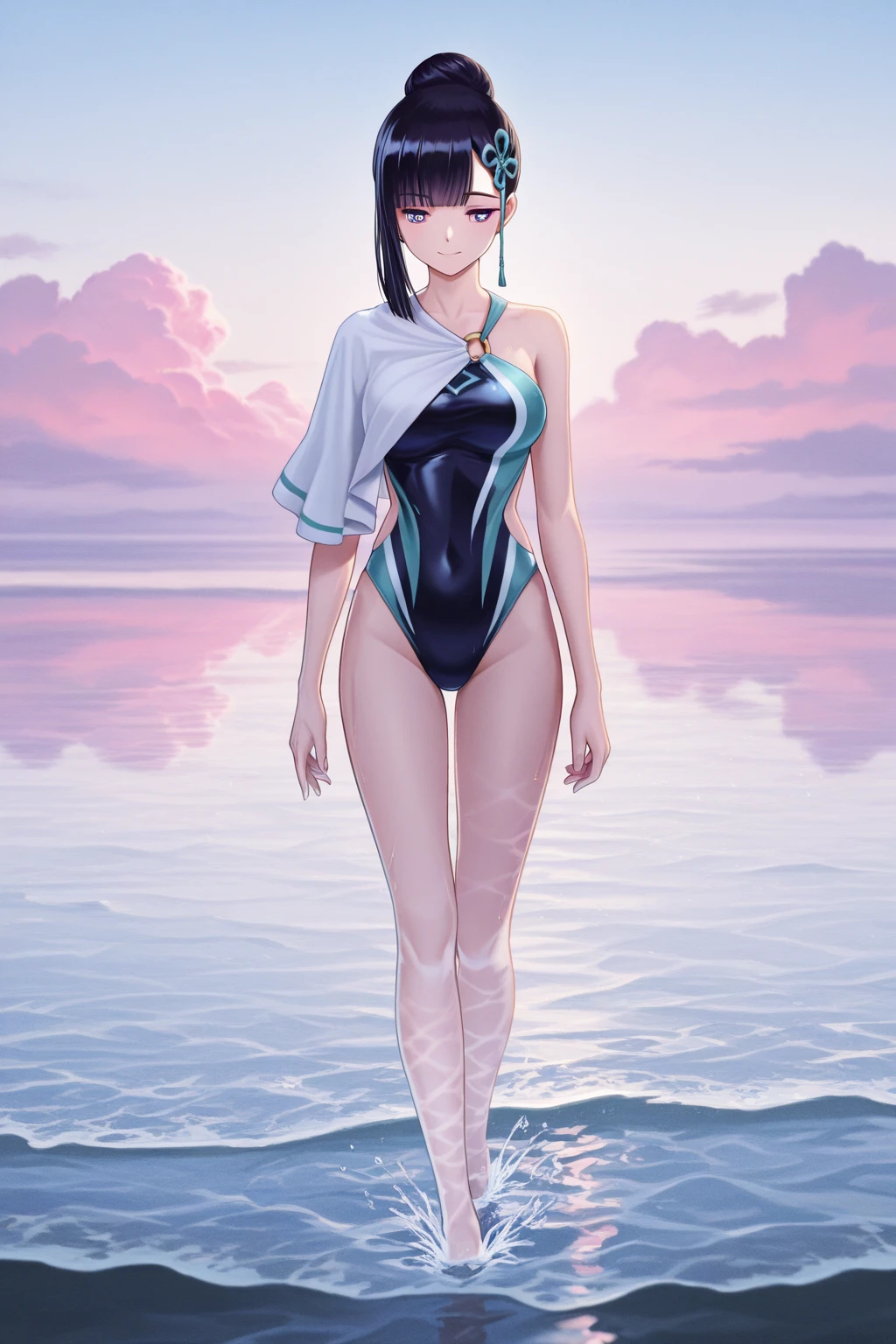 anime style, the background is the sea, girls in swimsuits are playing by the water, they are wet and glowing, wet, mature female, multiple, beach, wide shot,