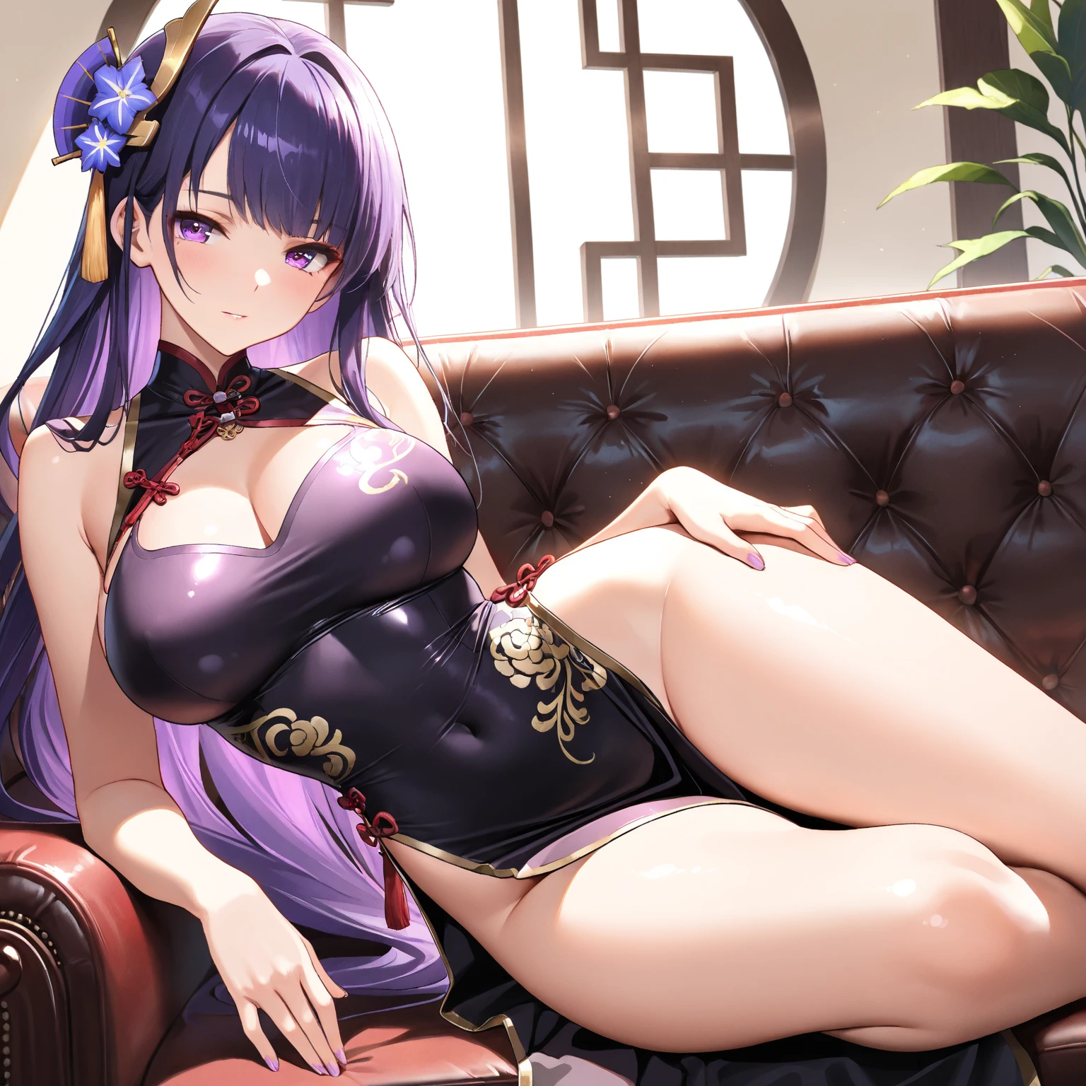 .masterpiece:1.2, best quality), realistic, (real picture, intricate details, depth of field), (1girl, solo), make up, parted lips, highly-detailed, perfect face, (skindentation), glossy coral lips, (A girl sitting on a queen chair), blushing, Raiden Ei (Raiden shougn) from genshin impact,high-detailed hands