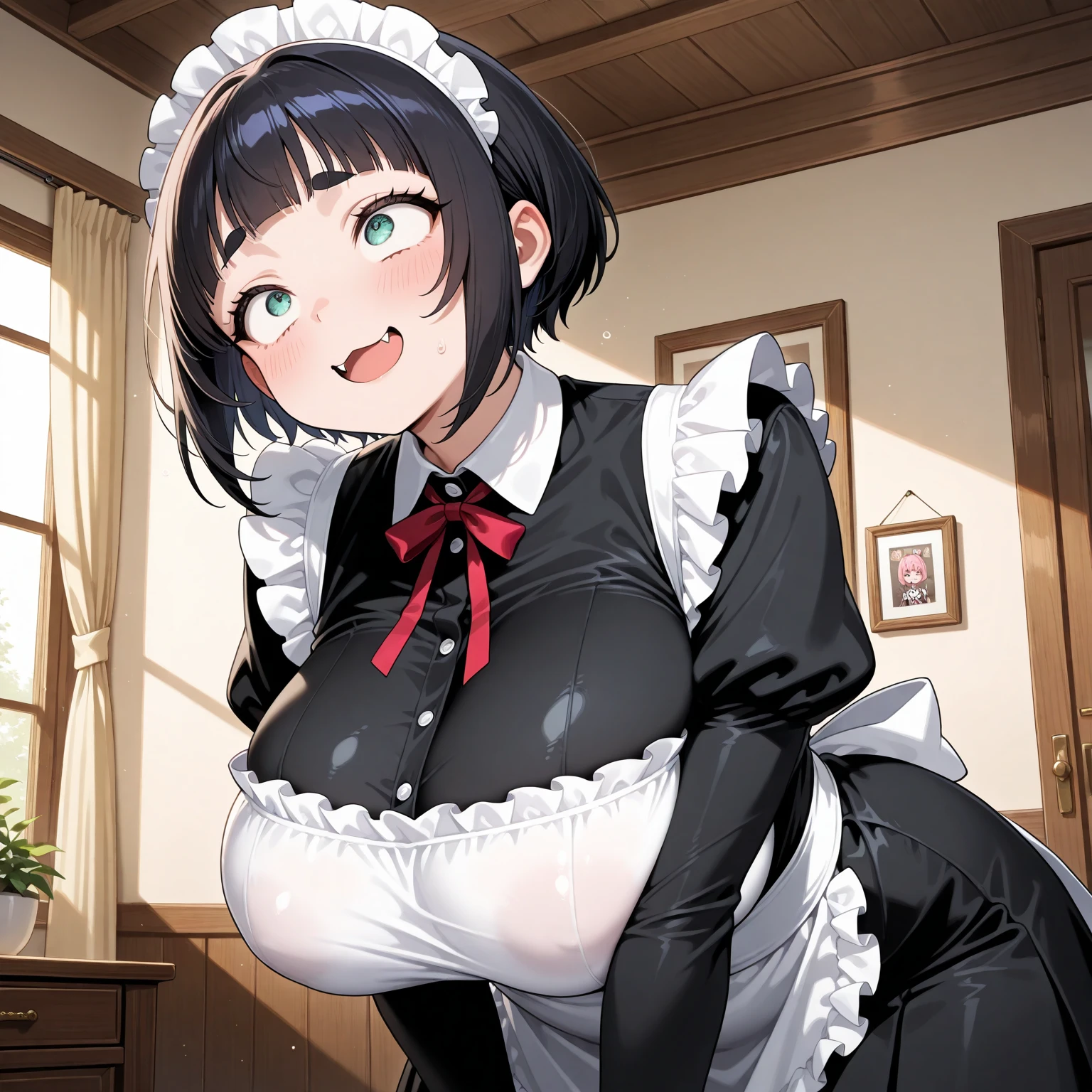 (nsfw:1.5),1girl,pov,black hair,light blue eyes,flustered,one-piece blackdress,(pov crotch:1),Embarrassed,big breast,maidapron,(White mob cap),puffy_sleeves,maid_apron, belt,thighhighs,masterpiece, best quality, very aesthetic, absurdres,(dress lift:1.5),(straight-on),(Panties),(servant:1.5)