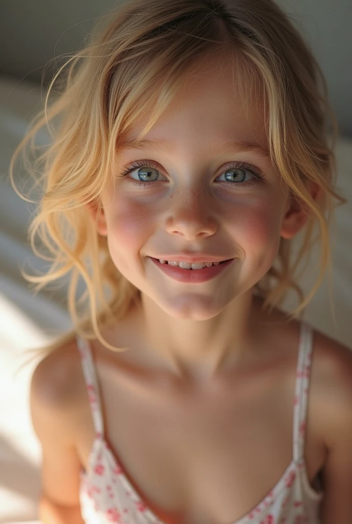 Long haired blonde child in pink dress making faces playing smiling