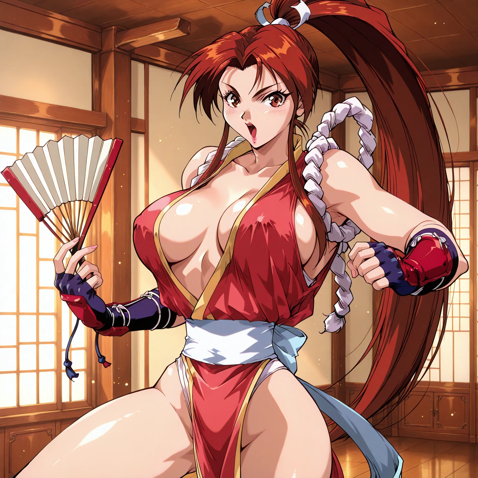 Mai Shiranui,masterpiece, Best Quality, 1 girl,Alone,realist,huge old,?????? slip,hits,transparent pink kimono,black top, black elbow length sleeves,large kimono sleeves,old,Brown hair,Closed mouth, clavicle , nails ,folded fan ,Folding fan,hair ornament, hand fan ,hand up,high Horse tail,tenure ,transparent top one-piece kimono clothing,large old,Lips,by the wide,looking at the viewer,,NSFW,top-less,??????,Ninjas,parted hits,pelvic curtain,Horse tail ,revealing outfit,rope,thighs,backwards,Mirando al espectador backwards, big butt