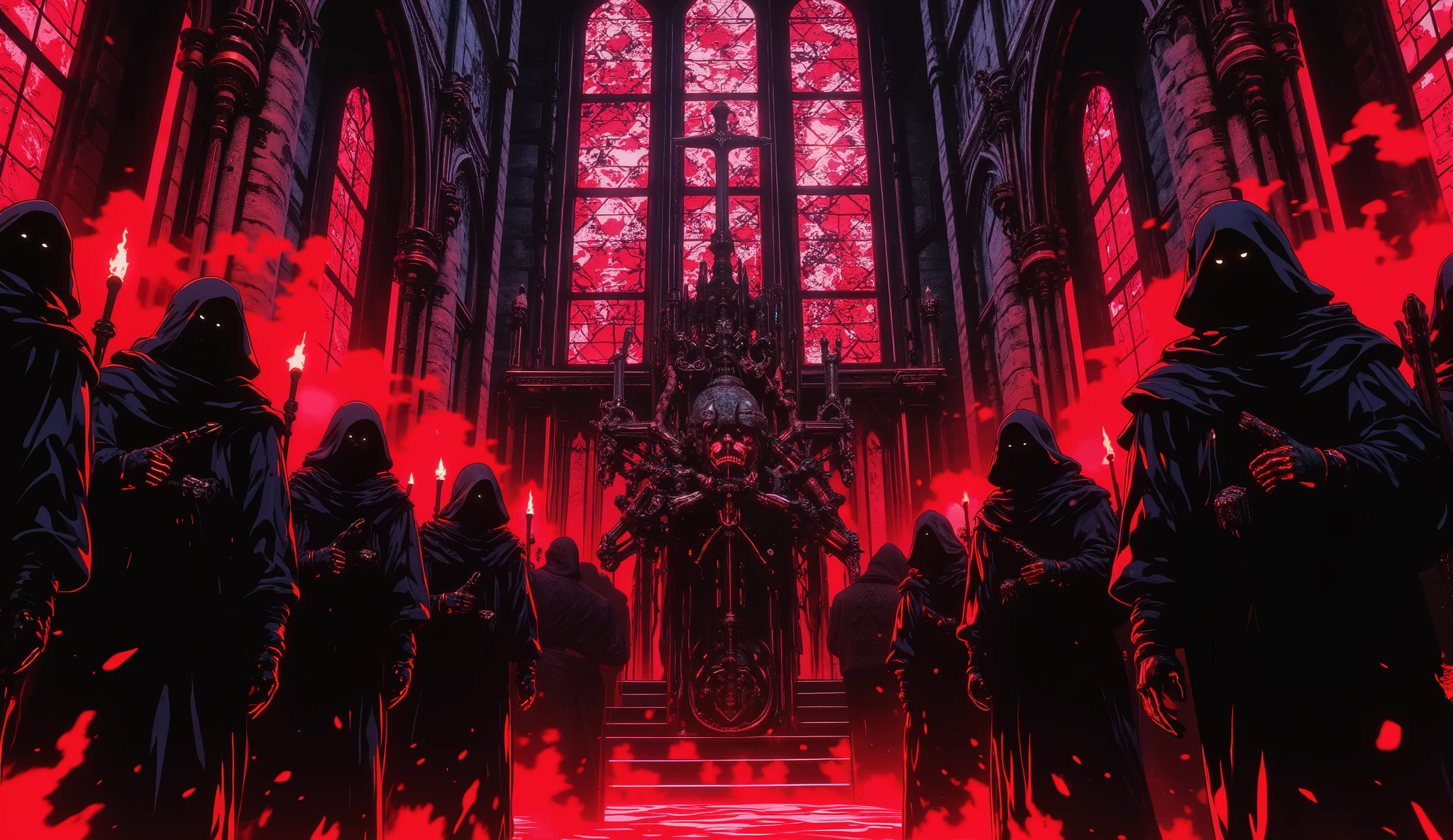 [[Anime Scene]] A masterpiece, a scene showing the interior of a dark, gothic cathedral with red stained glass windows. Members of a mysterious sect wear black cloaks and hoods, holding torches, inspired by 90s anime. [[Low angle]] The background is dark and dimly lit. The anime style features an anime background and a 32k cel tone technique. The rendering is in the style of the post-apocalyptic animes Vampire Hunter: Bloodlost, Blame, and Black Lagoon. Low-light scene.