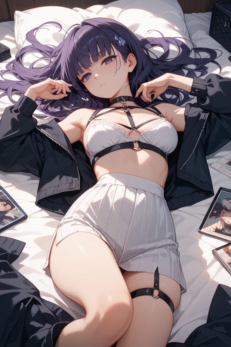 "A shapeshifter with curly PurpleGrey hair, Dove Grey eyes, and stubble, dressed in lingerie."