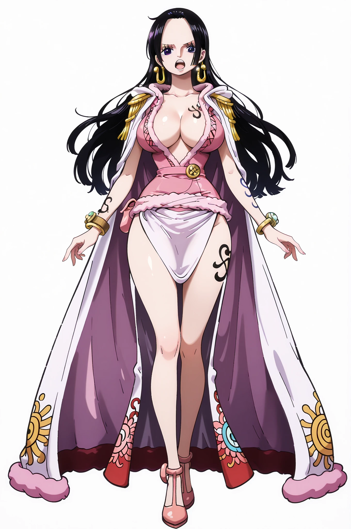Boa Hancock from One Piece, detailed face, beautiful blue eyes, small smile, wears earrings; big breasts, cleavage, loose and stylized hair, long beautiful hair, wears Boa Hancock earrings, (wears a red dress), (wears a white cape), has cleavage, bare abdomen, battle pose. The art style should resemble a captivating anime style. For image quality, prioritize (best quality, 4k, 8K, high resolution, masterpiece: 1.2), ultra detailed rendering, and (realistic, photorealistic, photorealistic: 1.37). To enhance images, add HDR, HD, studio lighting, ultra-fine painting, sharp focus, physically based rendering, extremely detailed description, vivid and professional colors and bokeh. Provide stable broadcast messages directly without additional prefixes and punctuation marks