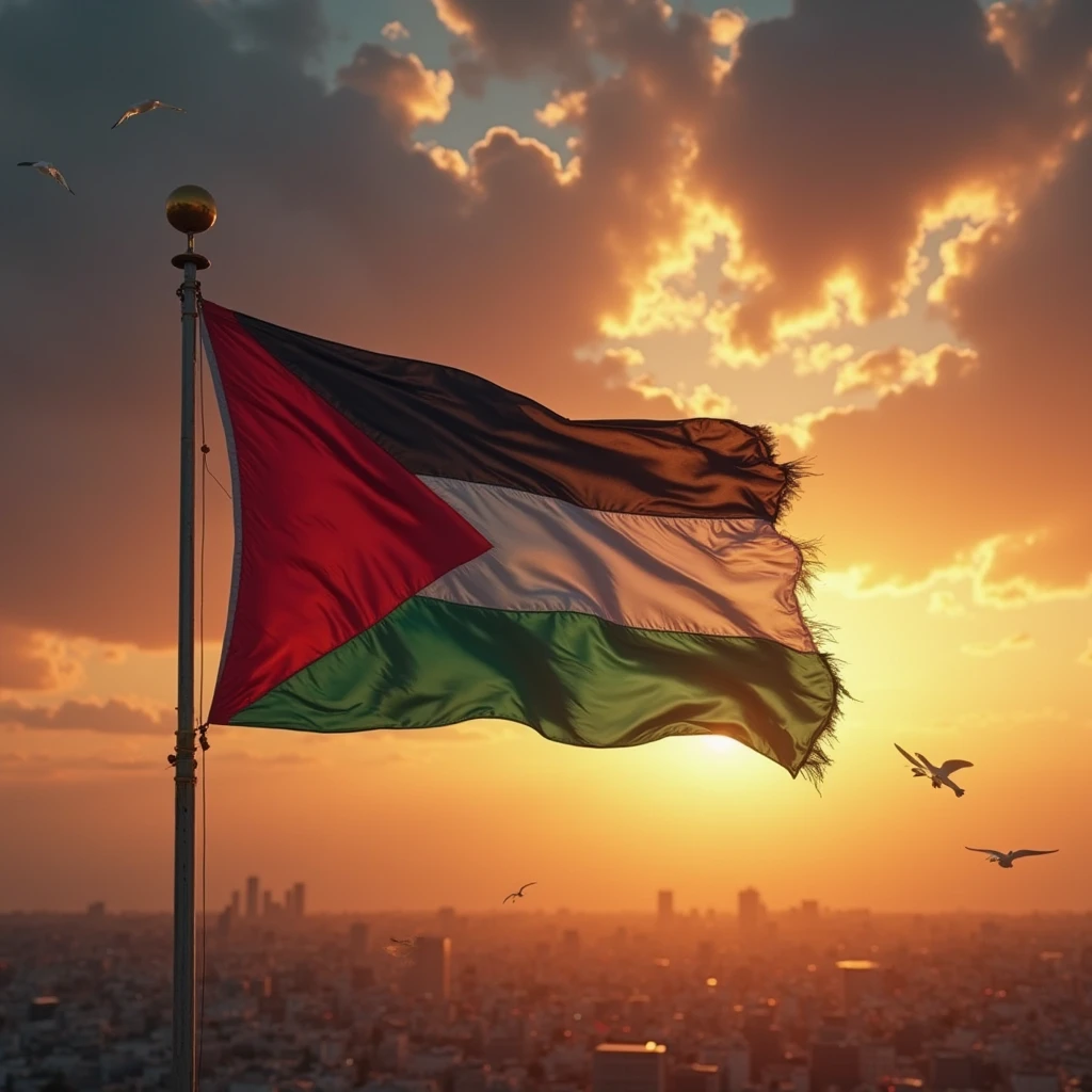 a man holding Palestine_flag with birds flying around,<lora:PalestineFlag03-000008:1>,