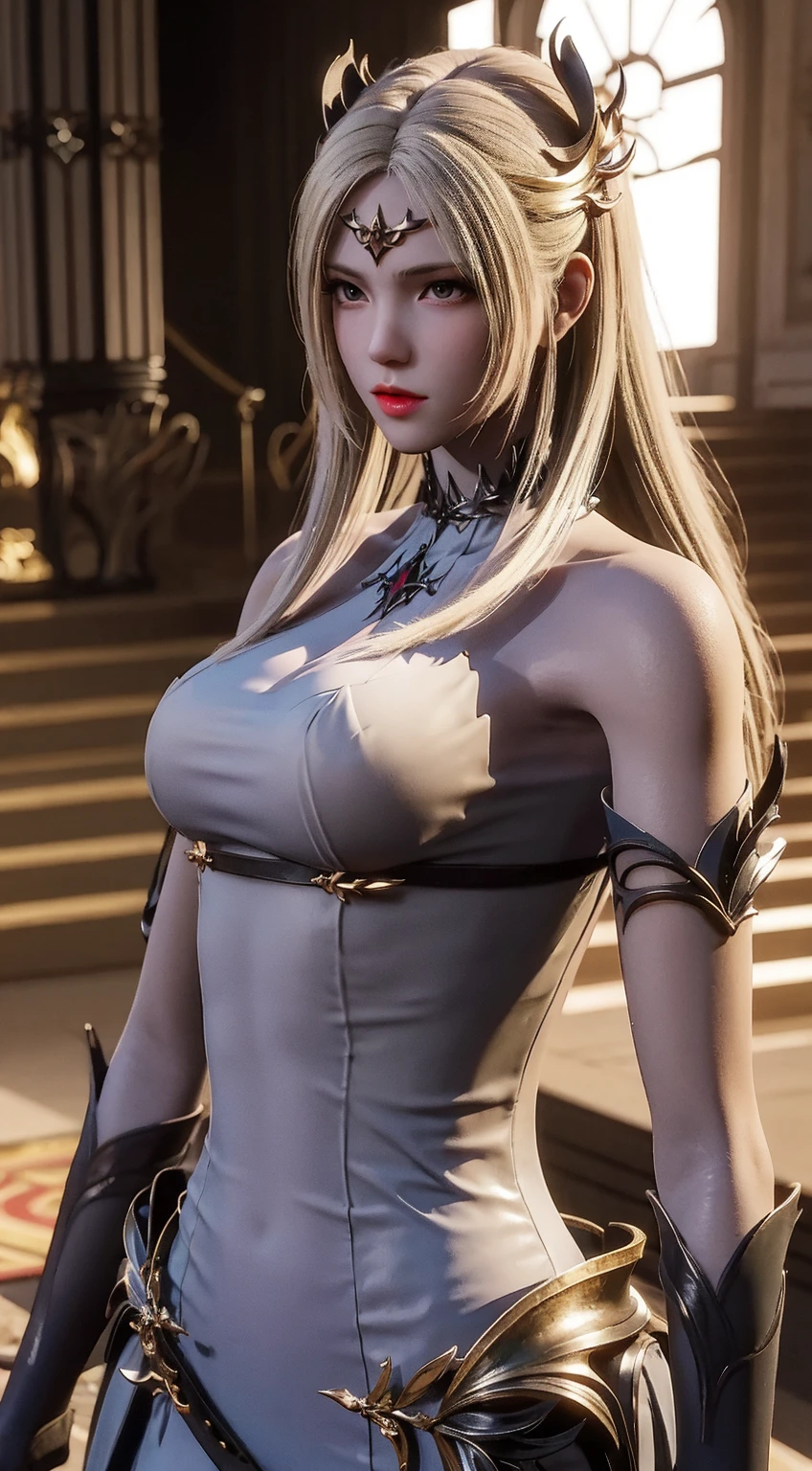 ((ultra realisitic)), ((picture-perfect)), ((face perfect)), ((ultra detaild)), ((fully body)), ((perfectbody))a woman with red eyes, black gown, holding hands on head, a blonde blue-eyed girl in short clothes with sweat running down her body, sensuous