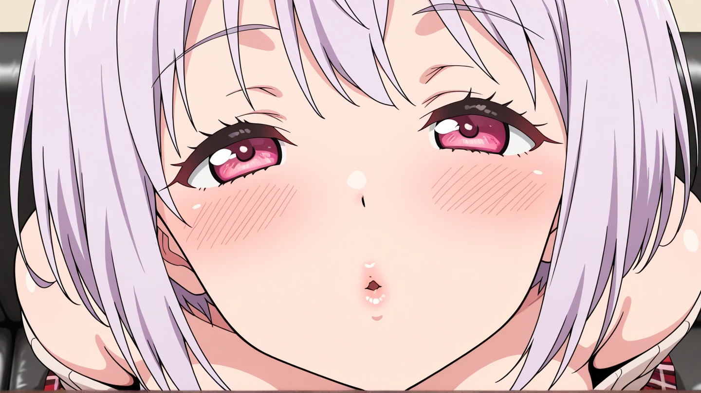 Highest quality、masterpiece、break、High resolution、One Girl、((Full nudity))、Light purple hair、Twin tails、Droopy eyes、blush、Saggy breasts、Grab your chest、Put your chest close、Blowjob、Putting penis in mouth、Pupils become heart-shaped、An expression that feels ecstasy、The mouth is smiling、Drooling in the mouth、Sweat、 from penis、Cumshot、Sperm splattering