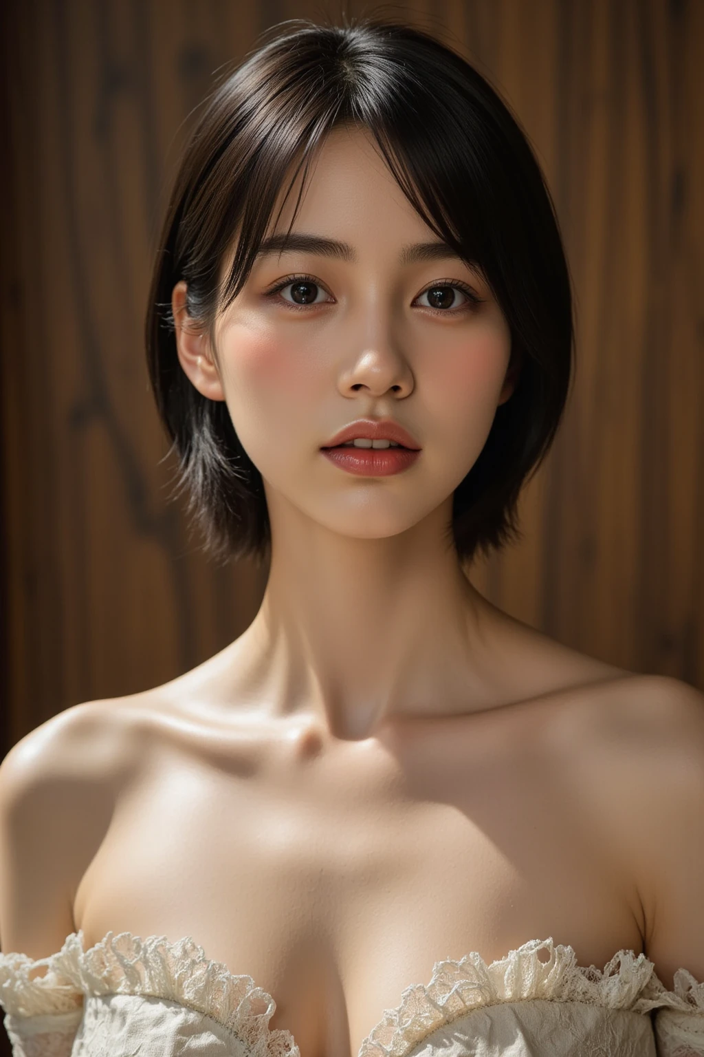 (Sillamäe:1.5), A slender, masterpiece, top-quality, Raw foto, Photorealsitic, faces, Incredibly absurd, beautiful a girl, cute little,Short messy hair, depth of fields, hight resolution, ultra-detailliert, finely detail, ighly detailed, extremely detailed eye and face, Sharp pupils, Realistic pupils, sharp focus, Cinematic lighting,A 14-year-old girl,Upper body naked,very flat chest,in the old classroom