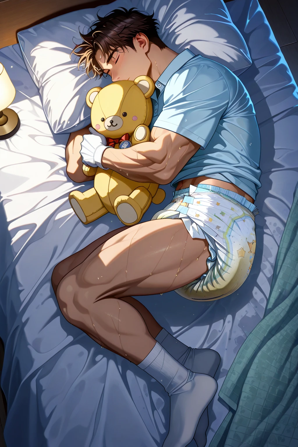 Big curly hair, lying in bed, masturbating, having orgasm, hugging a bear Plush, Dolphin shorts, pajamas with drawings,Having an orgasm,wer pussy,One hand hugging the teddy bear and the other masturbating,Lying on your side,Focus cameltoe