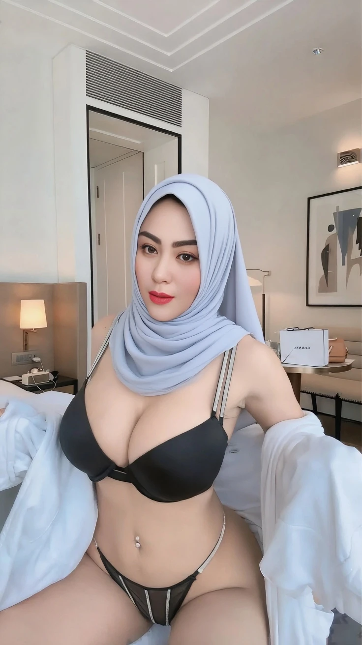 big breast, white bra, diamond bra, white lace,((hijab:1.1))