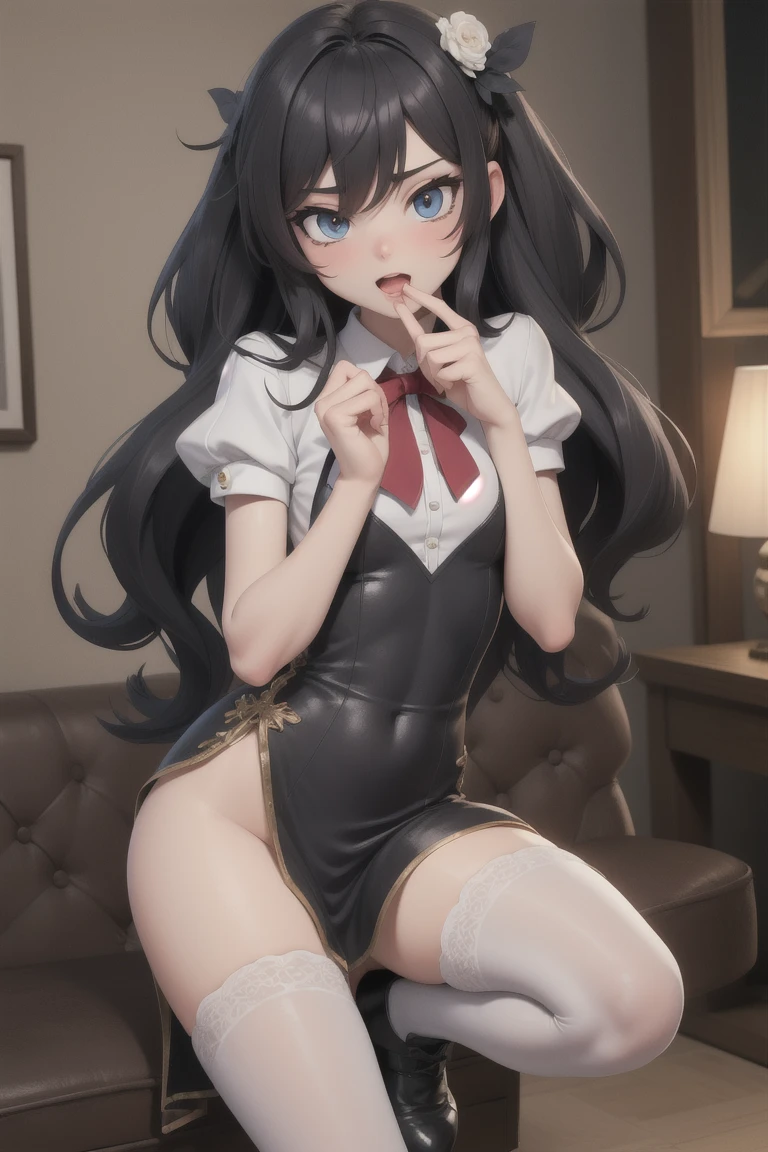 a beautiful young woman with a mischievous smile, sitting with her legs apart revealing her panties, seductive wink, wearing a mini skirt, long thick thighs, large buttocks, , twin tails, black hair, looking down at the viewer, photorealistic, 4k, hyperdetailed, masterpiece, high quality, glossy, dramatic lighting, vivid colors, cinematic