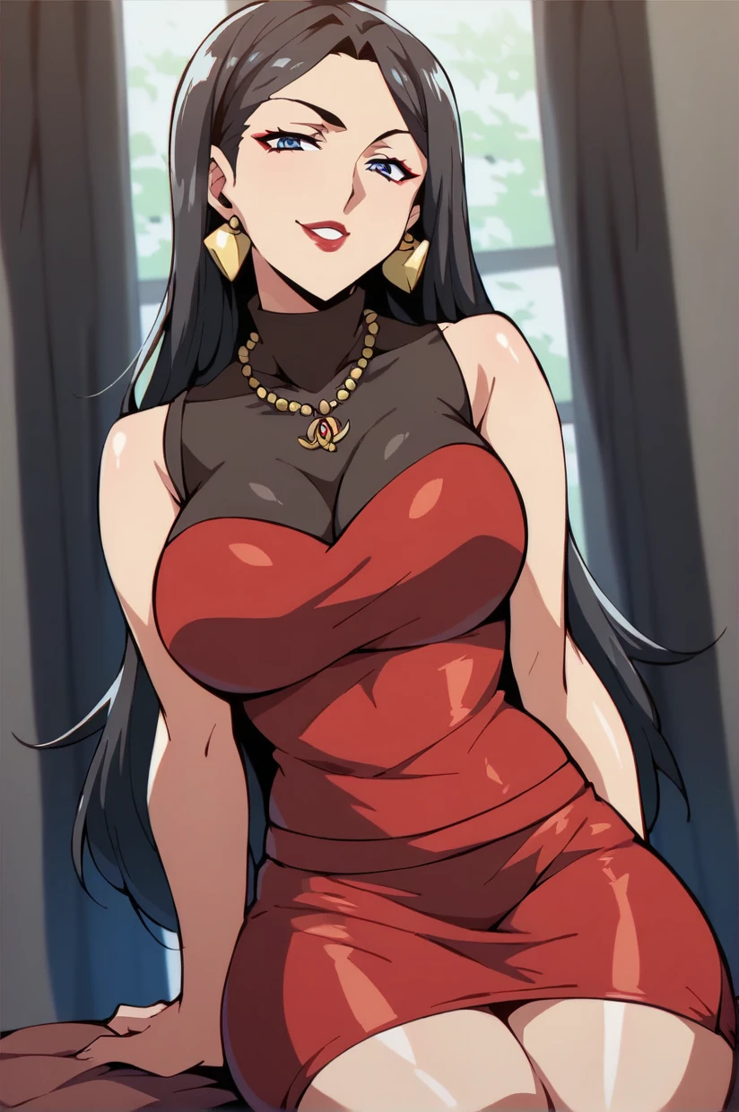 (nsfw:1.2), (Loose dress:1. 5), (Red deep plunge neck dress), Sideless, Purple Bob Kat, High leg long dress,  Exquisite Luxury Room, ,Luxury mansion in the suburbs, View your viewers, Grin, Bangs, eye shadow, Low Ponytail, lipstick, correction, Beautiful delicate face, Beautiful small purple eyes, Bare shoulders, Red elbow gloves, Large Breasts, valley, necklace、Mistress spreads her legs for her sex slave maid to lick her clitoris、Intense orgasm facial expression、Mistress on all fours、Intense orgasmic spasms、