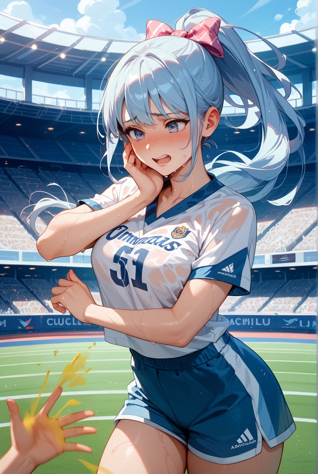 (masterpiece,highest quality,超A high resolution),japanese woman, (((very beautiful 20 year old girl))), pretty girl、look at the photographer、 (rain), super cute face, glossy lips, double eyelids in both eyes,natural smile、 natural makeup, long eyelashes, Shiny and smooth hair、center image, perfect limbs, perfect anatomy,(((soccer uniform)))、(wet with water),,beautiful breasts,See-through,soccer court,glasses