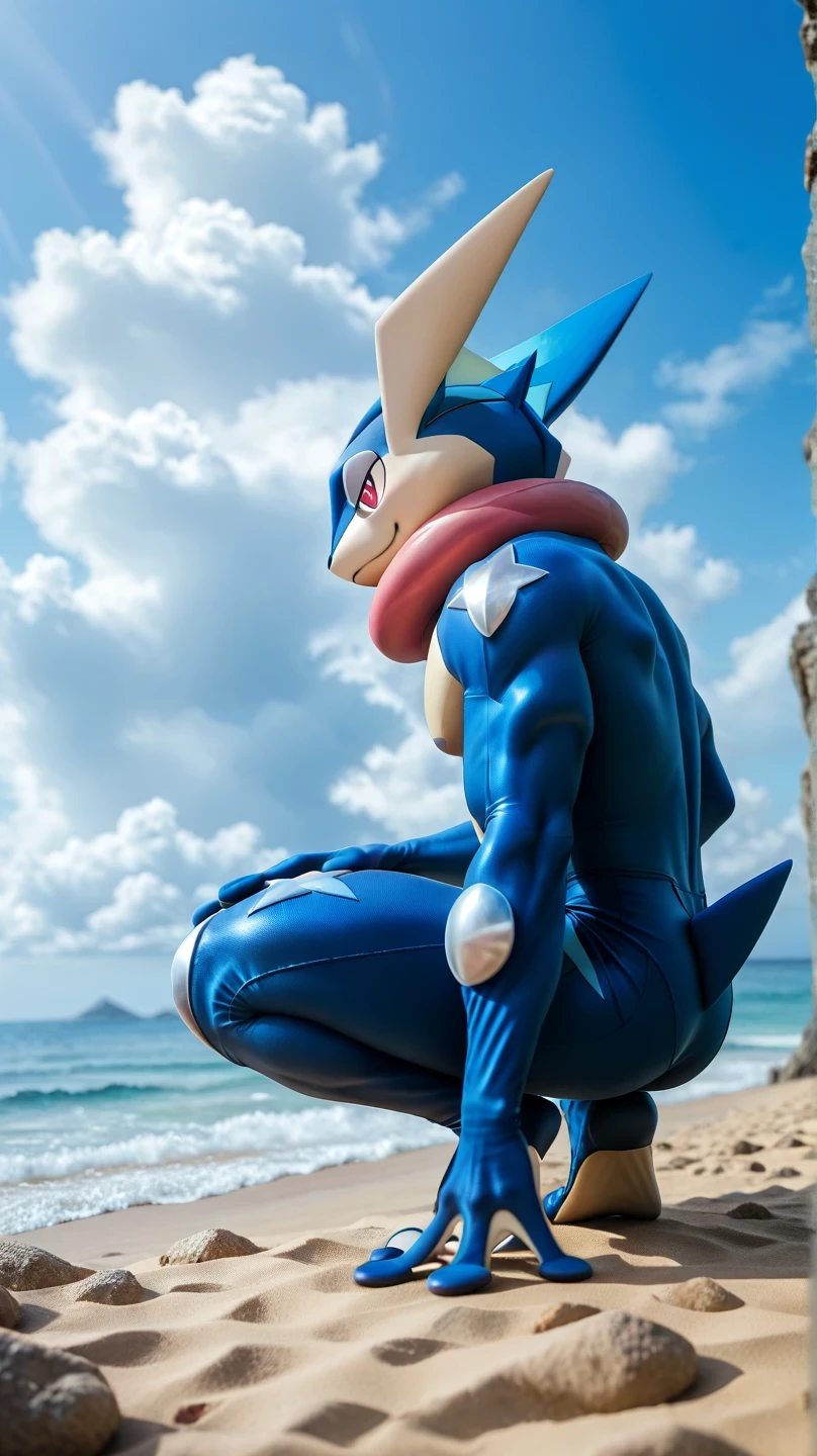 ( masterpiece, better quality:1.2),Alone,greninja male \(Pokémon\),Pokémon \(creature\), full body, there are no humans, arms extended , blue skin , tight pants mirando al espectador ,blue sky, posture: while squatting, squatting , husky, husky, relaxed gaze , Marked muscles, from below, on the beach, blue sky, white clouds, Blue Sea, tight pants, Greninja men's , serious look, Red Eyes , Male Greninja , hands on your knees
