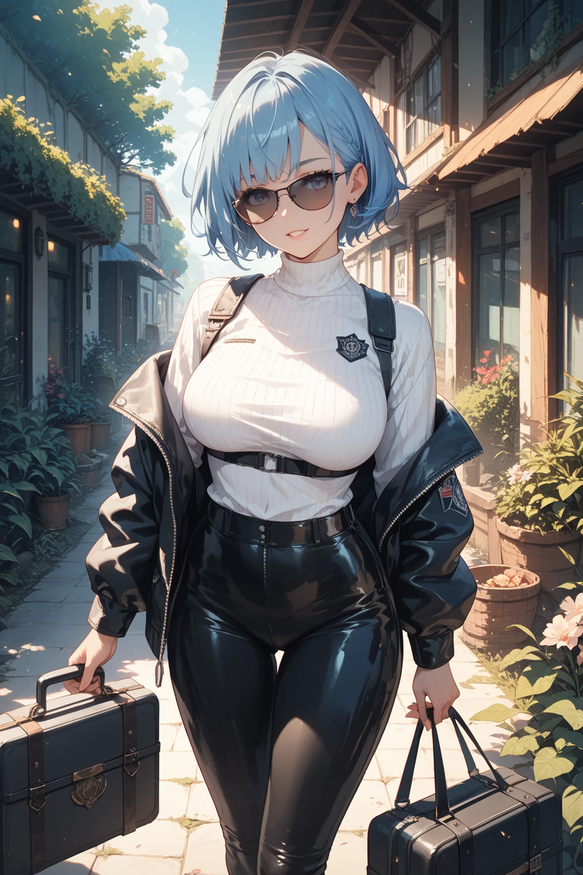 super resolution,
(realistic:1.3),
(1 slim girl), stylish girl, fashion,
young face, blush, (evil smile),
(slim) thigh, (((Big Breasts))),
baseball cap, earrings,
(black t-shirt), (baggy cargo short pants),
gravure,
Rainy streets