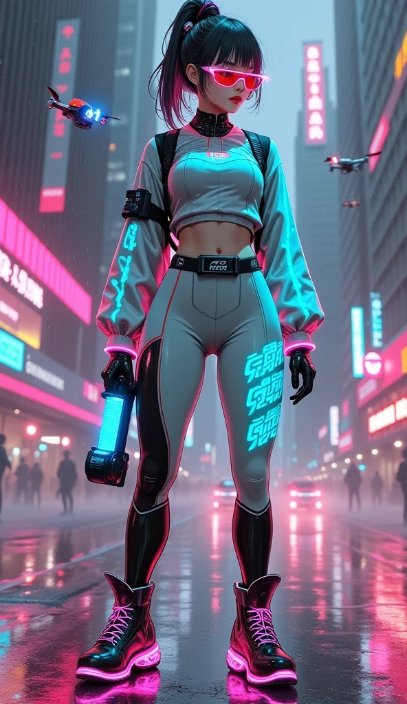 ((high quality)), ((masterpiece)), 8K, Two Girls, car, light, 非常に詳細な CG ユニティ 8K 壁紙, CG games, View your viewers, gloves, boots, whole body, clock , computer, mask, Drone, Possession of a gun, Headphones, Jacket, bag, Backpack, Camel Toe, neon