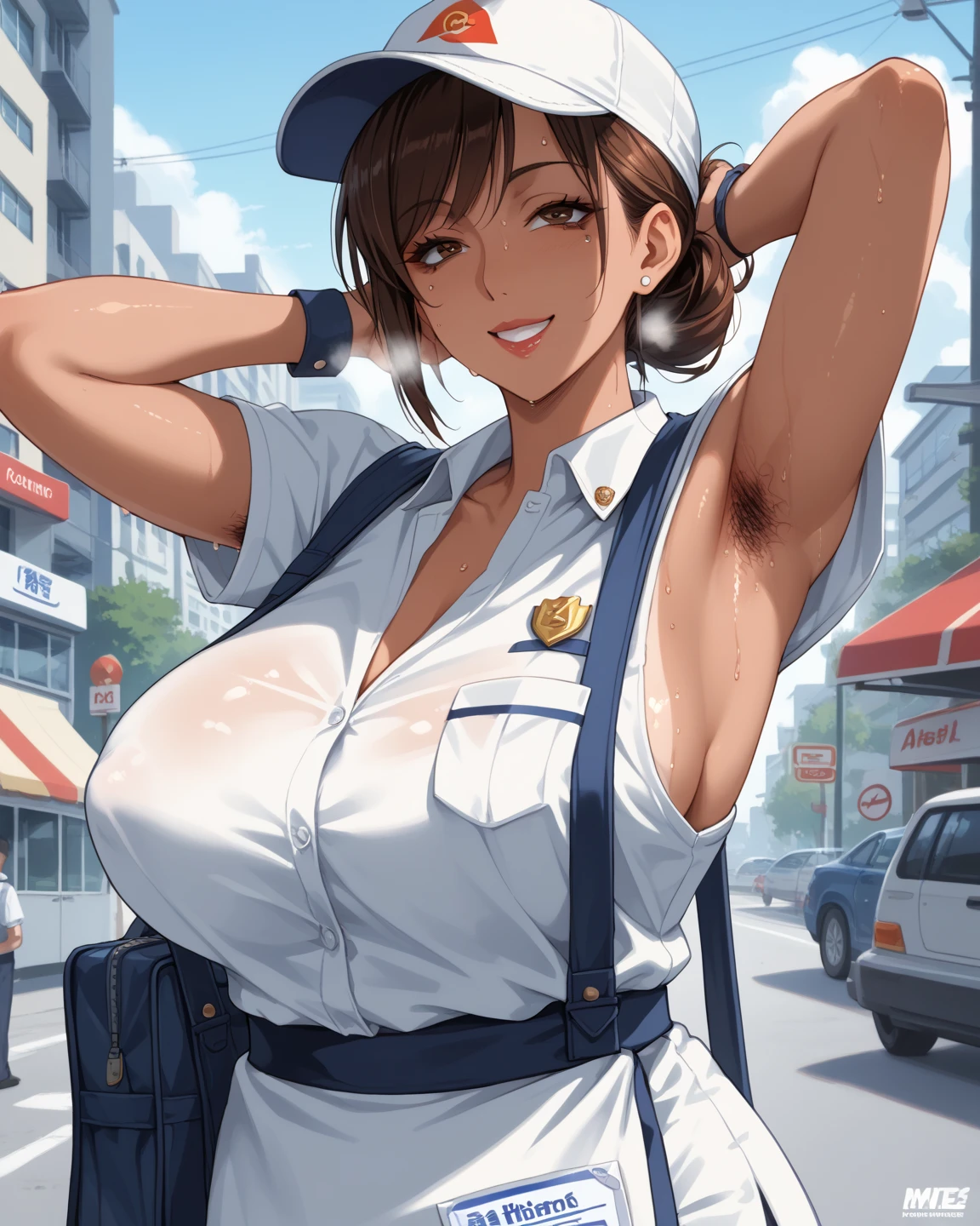 A female version of Inspector Gadget (cute sexy inspector 2 piece outfit, detective hat that has opened at the top and extended a robot arm holding an umbrella), downpour rain, new york